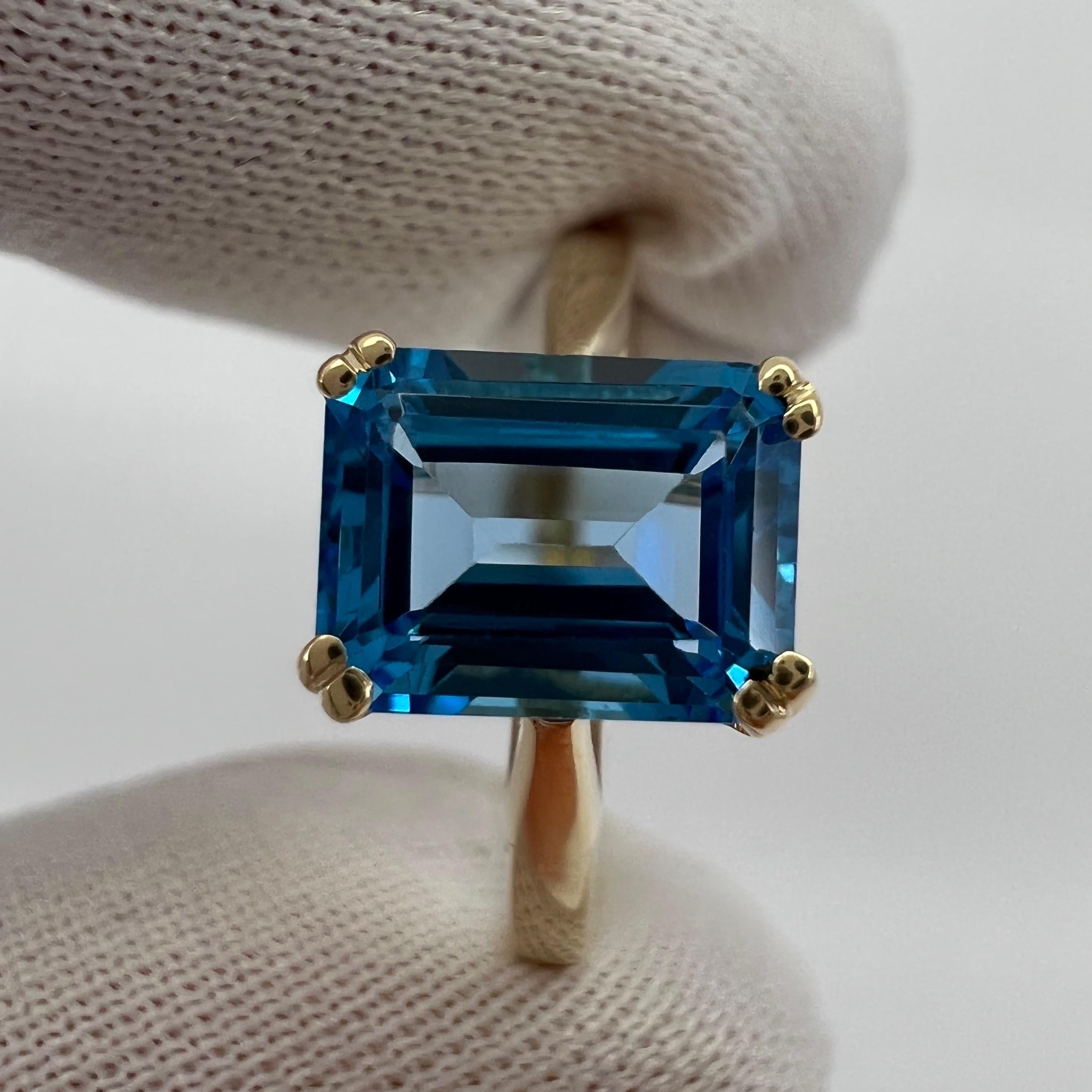 2.00 Carat Swiss Blue Topaz Emerald Octagonal Cut Yellow Gold Solitaire Ring For Sale 1
