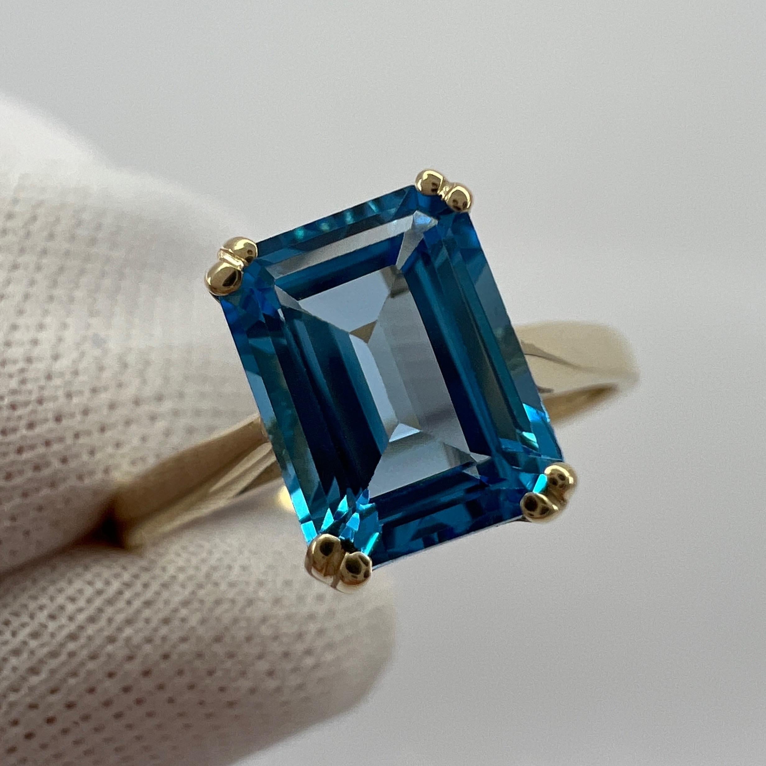 Women's or Men's 2.00 Carat Swiss Blue Topaz Emerald Octagonal Cut Yellow Gold Solitaire Ring For Sale