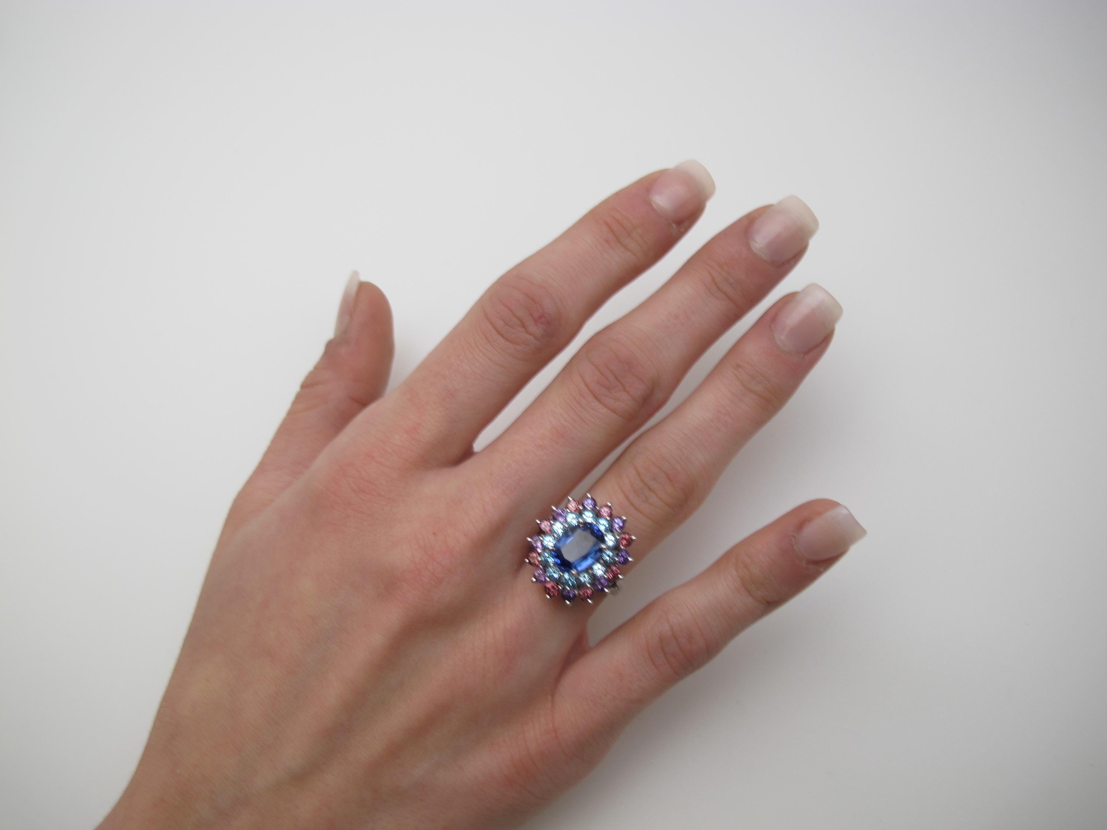 2 ct. Tanzanite, Amethyst, Garnet, Blue Topaz White Gold Cocktail Cluster Ring 1