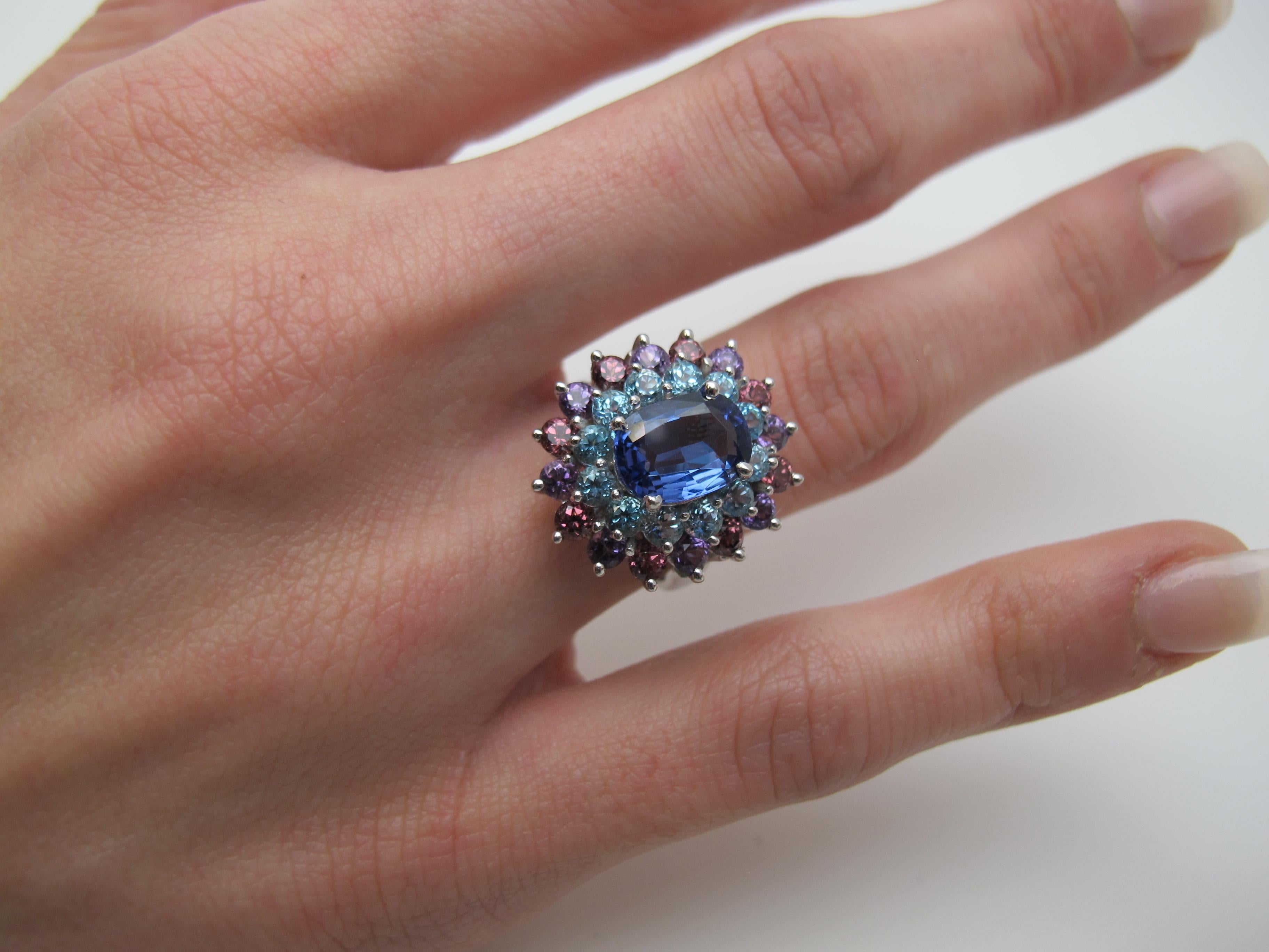 2 ct. Tanzanite, Amethyst, Garnet, Blue Topaz White Gold Cocktail Cluster Ring 2