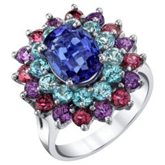 2 ct. Tanzanite, Amethyst, Garnet, Blue Topaz White Gold Cocktail Cluster Ring