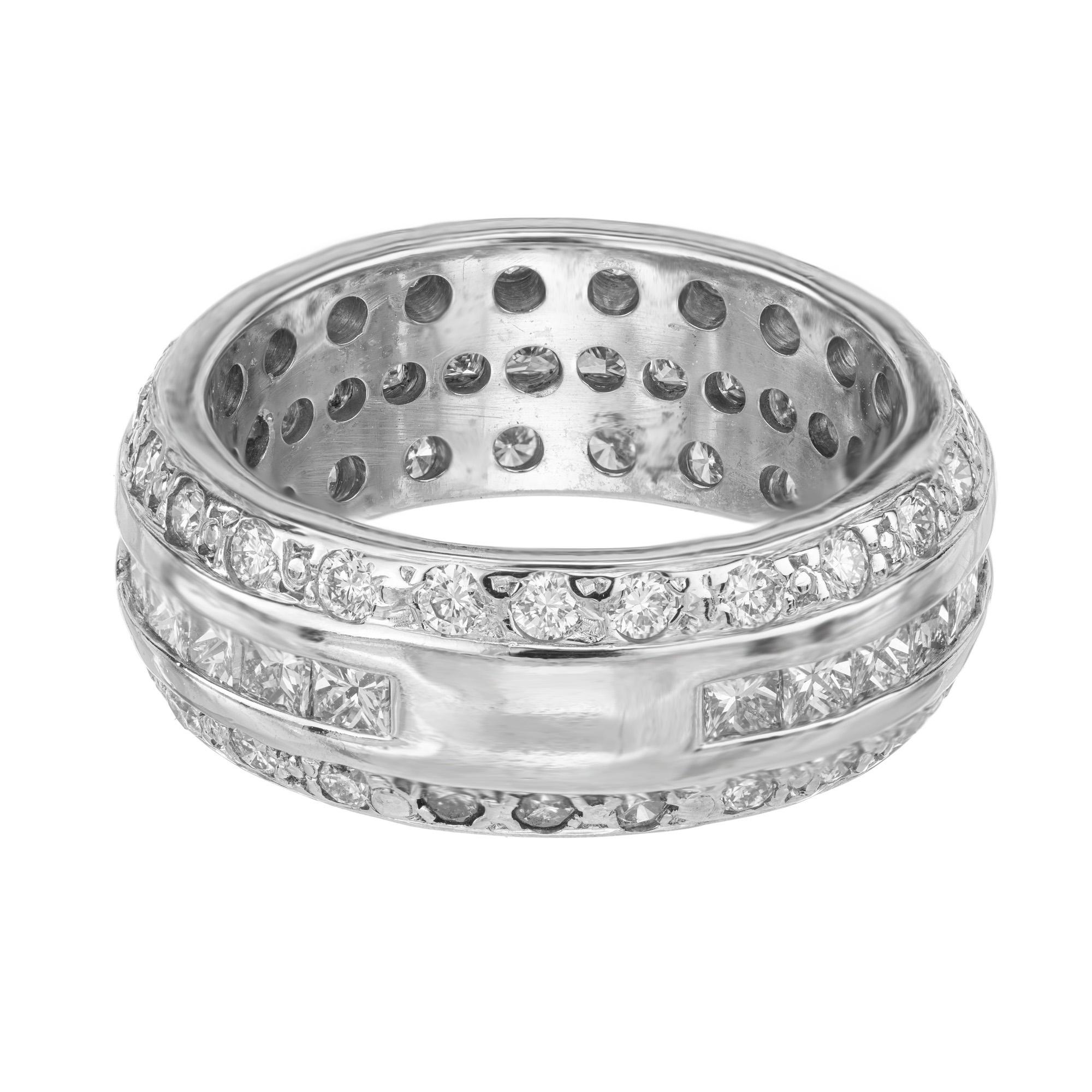 Women's 2.00 Carat Three-Row Princess Round Cut Diamond White Gold Wedding Band Ring For Sale