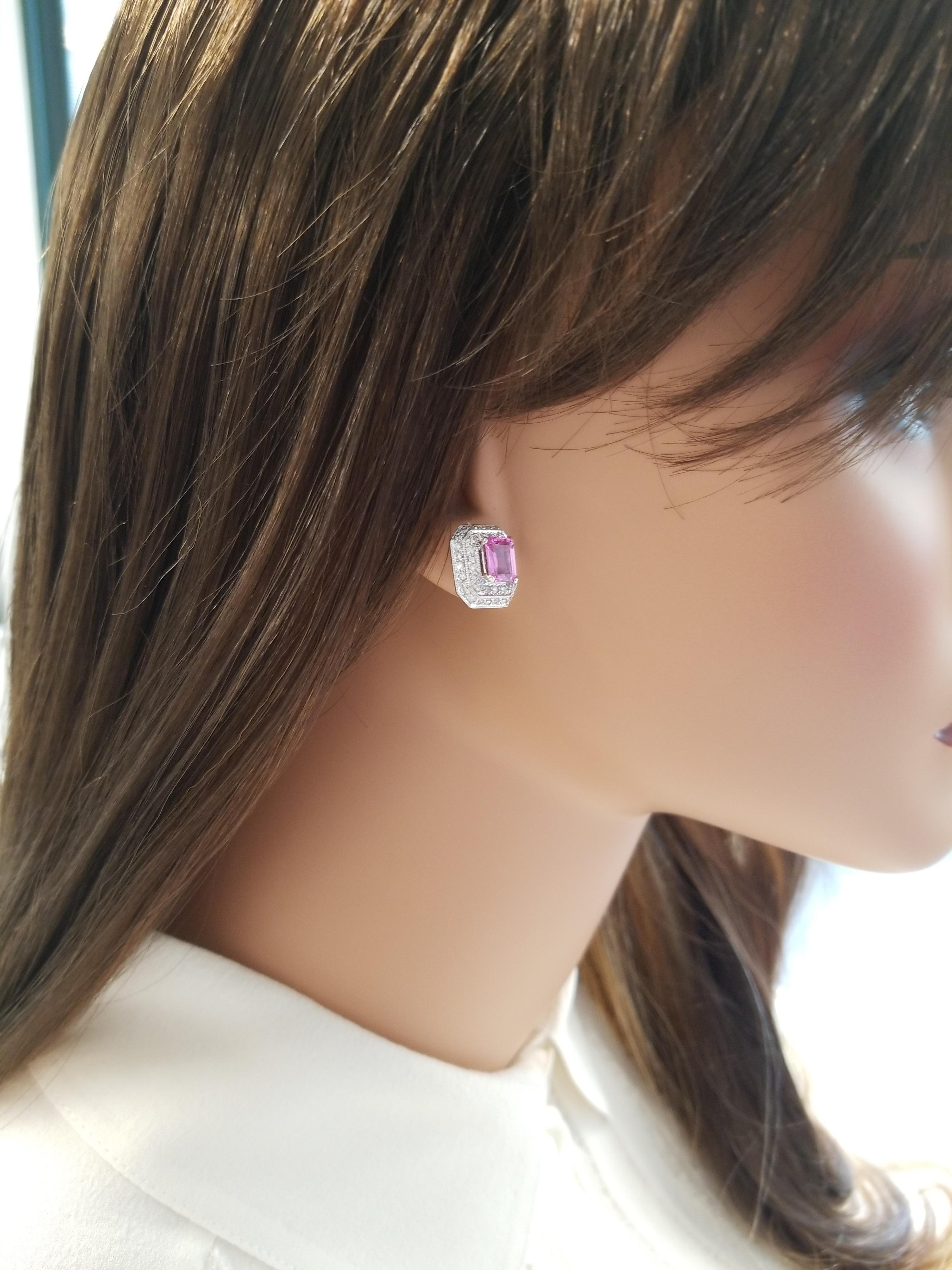 Contemporary AGL Certified 2 Carat Total Emerald Cut Pink Sapphire & Diamond Gold Earrings For Sale