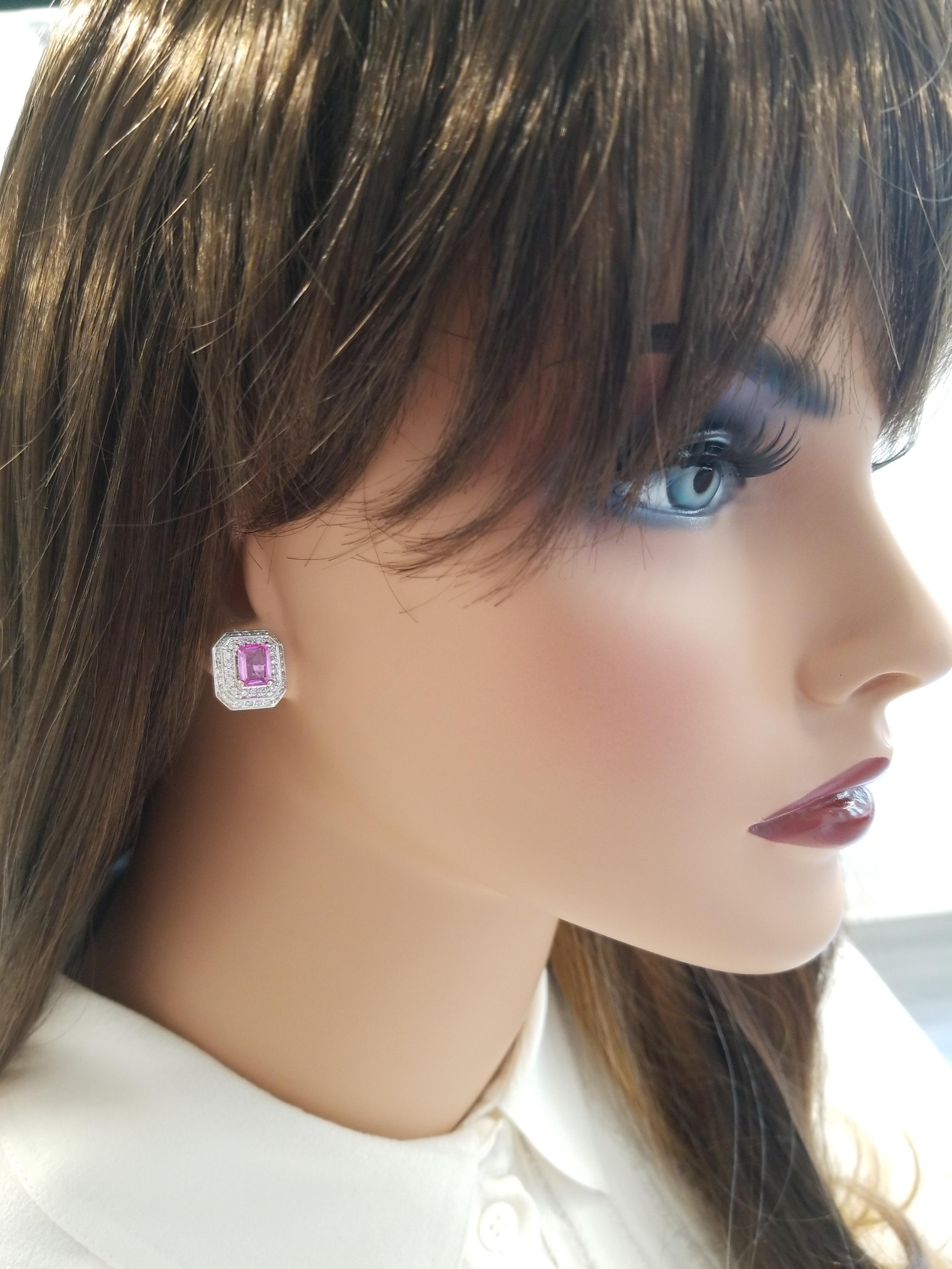 AGL Certified 2 Carat Total Emerald Cut Pink Sapphire & Diamond Gold Earrings In New Condition For Sale In Chicago, IL