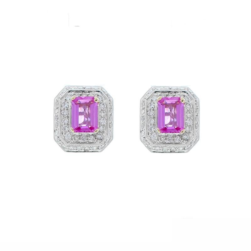 AGL Certified 2 Carat Total Emerald Cut Pink Sapphire & Diamond Gold Earrings For Sale