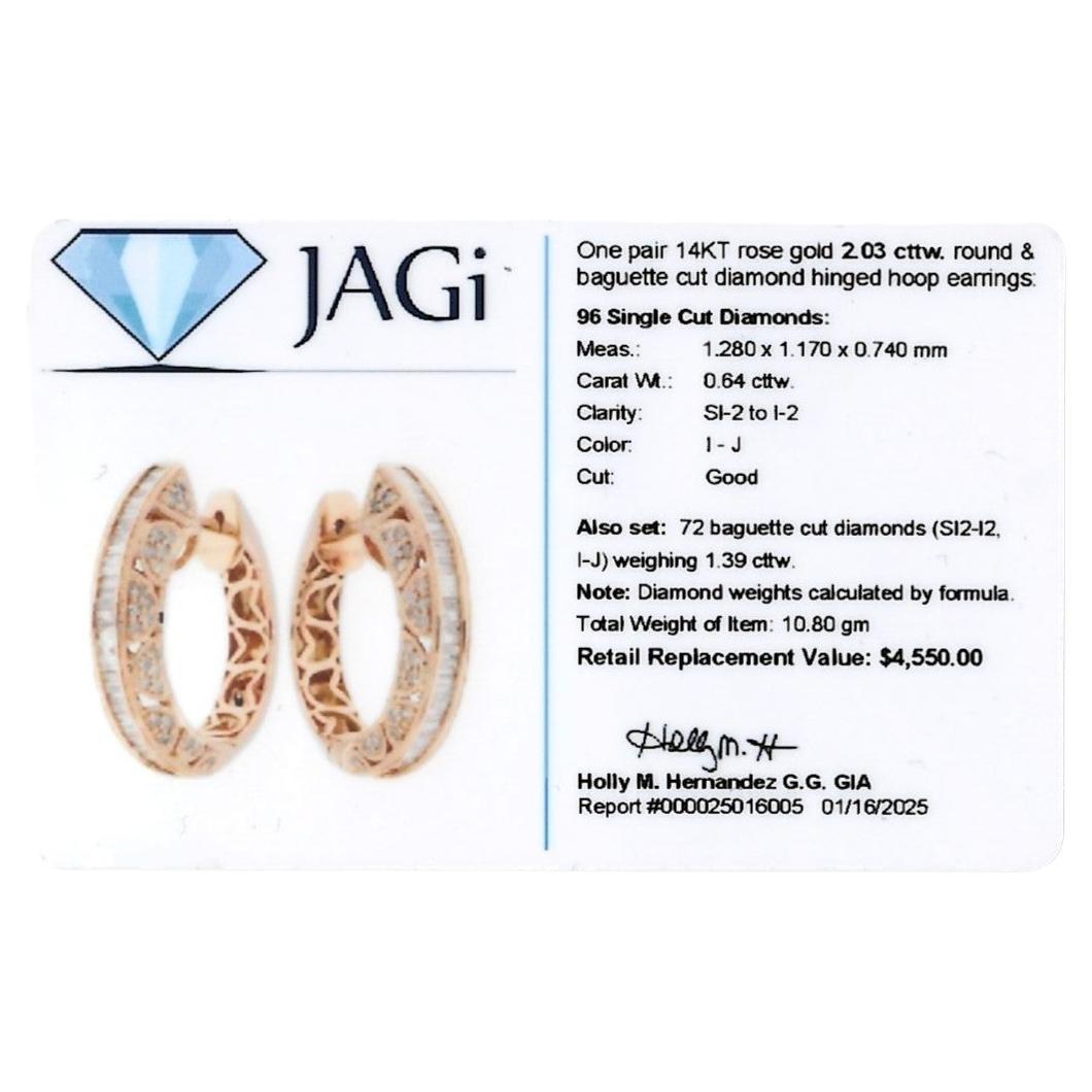 Pendientes de aro adornados con diamantes talla múltiple de 2,00 quilates totales en oro rosa de 14 quilates en venta 7