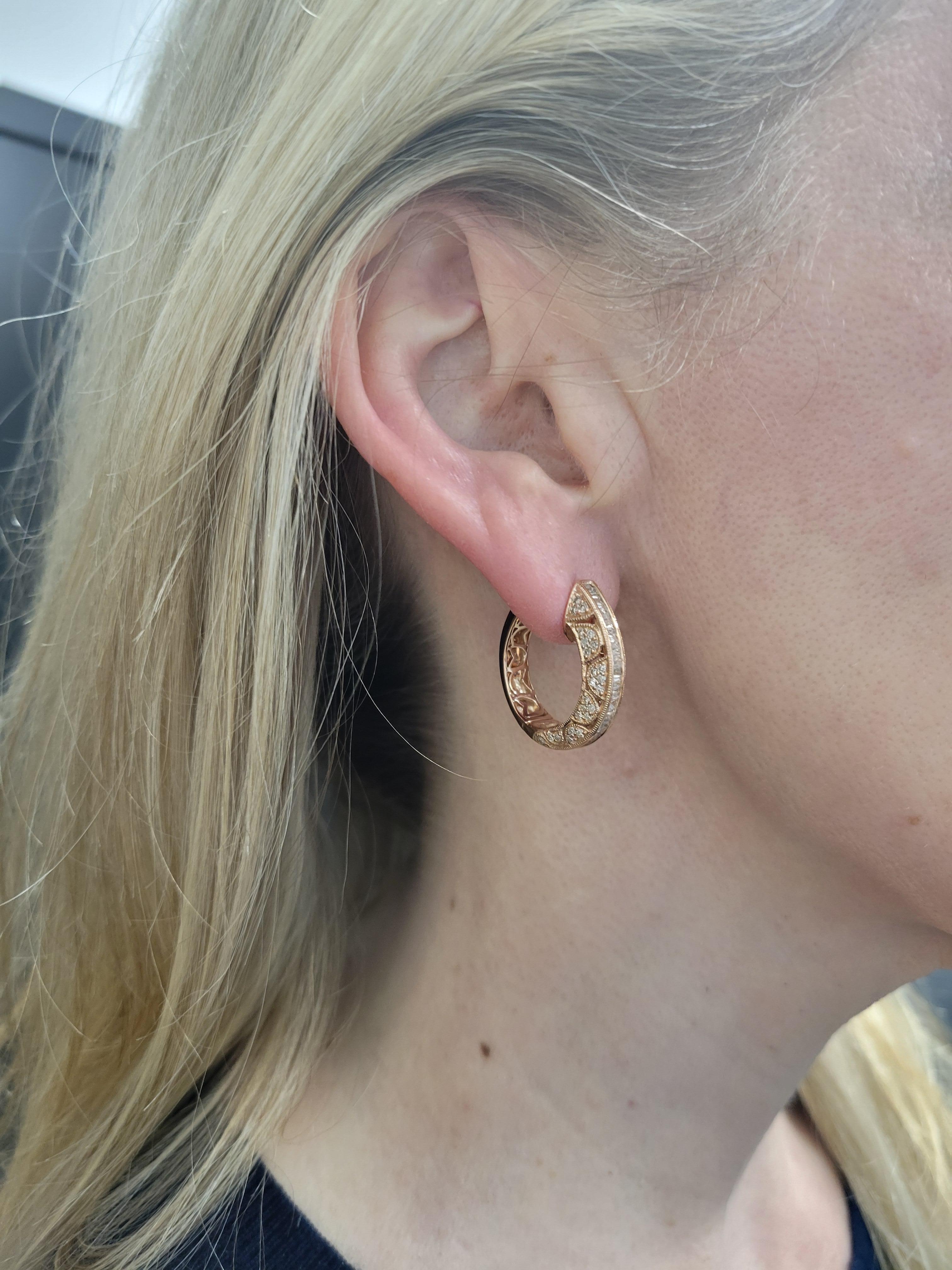 Pendientes de aro adornados con diamantes talla múltiple de 2,00 quilates totales en oro rosa de 14 quilates en venta 6