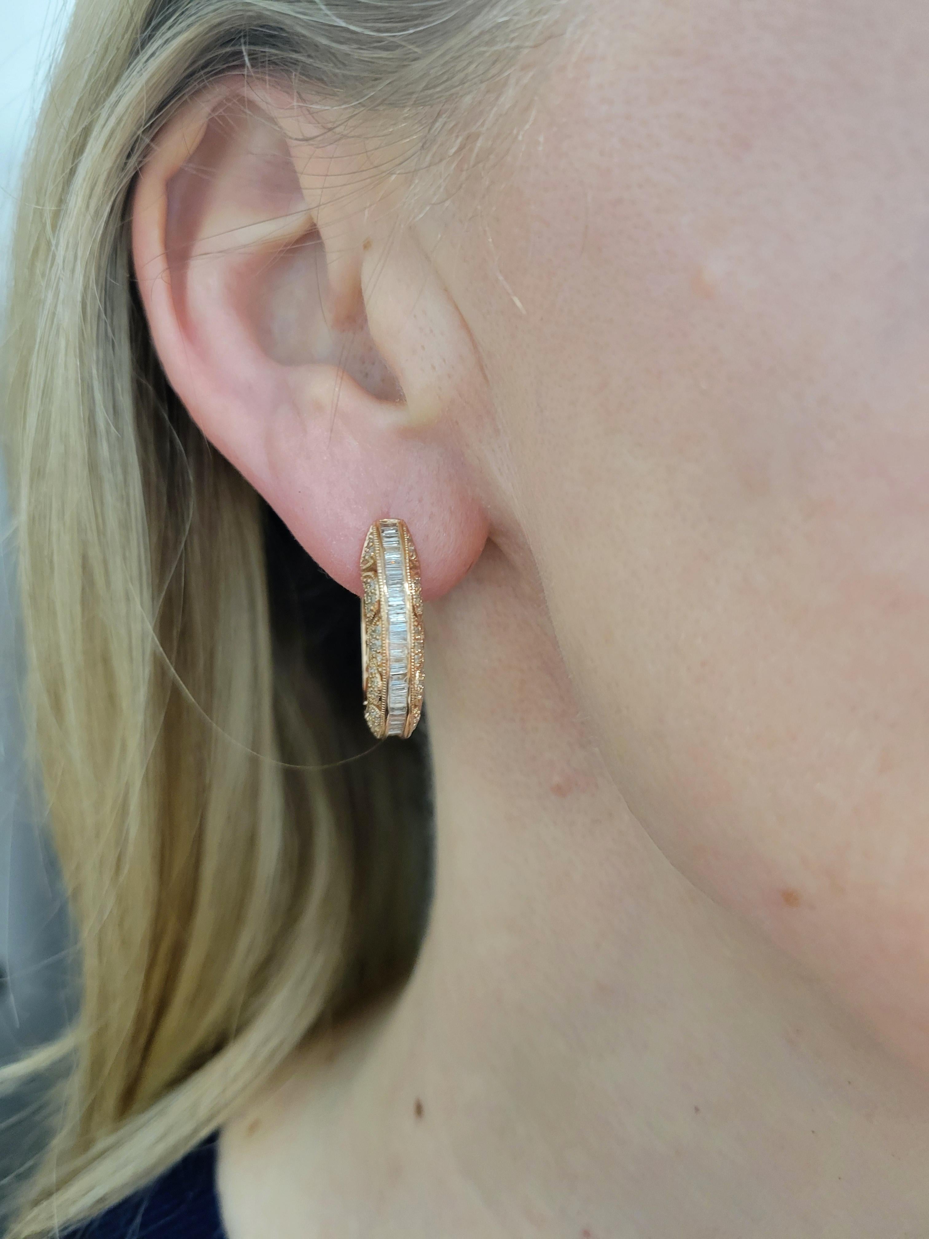 Pendientes de aro adornados con diamantes talla múltiple de 2,00 quilates totales en oro rosa de 14 quilates en venta 5