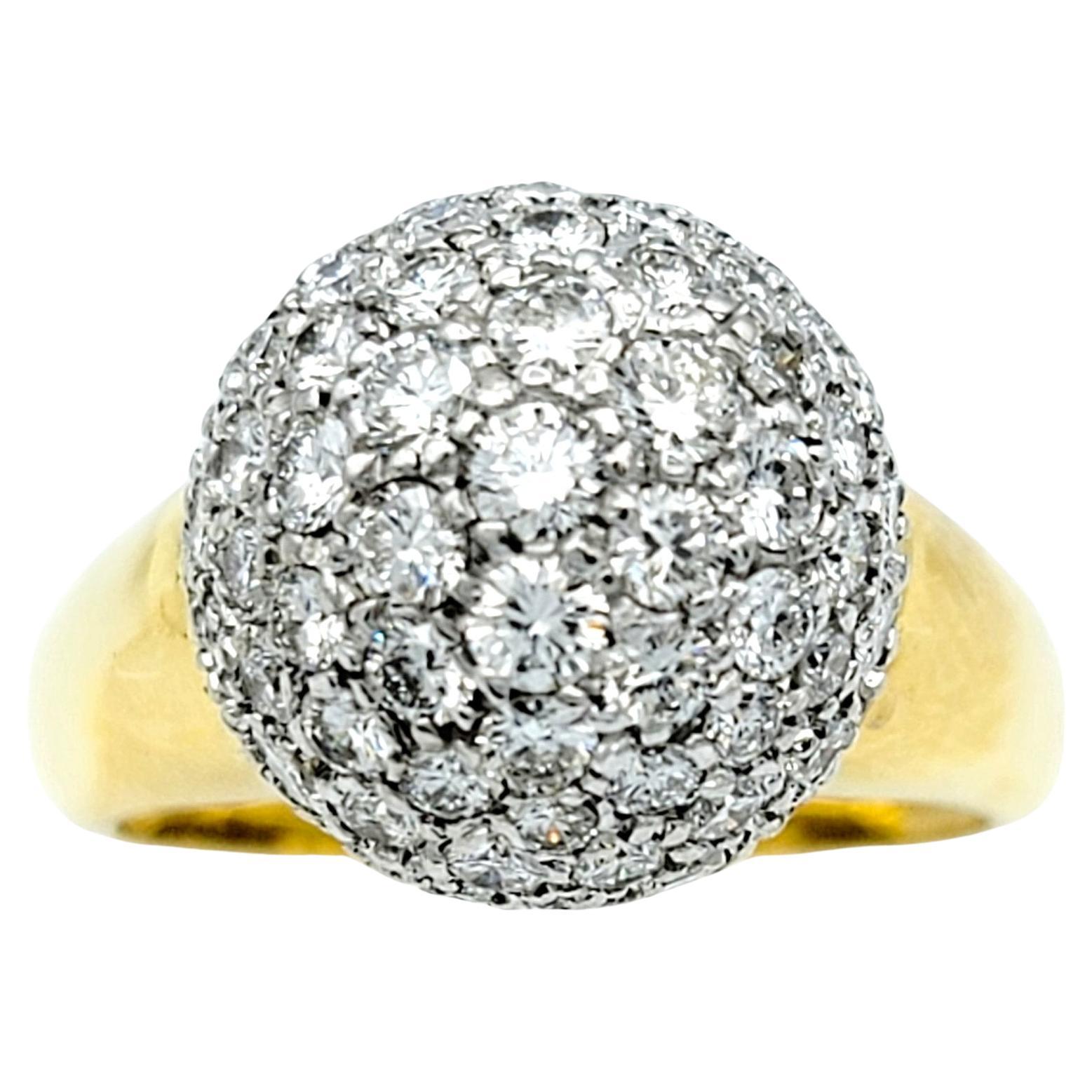 Round Cut 2.00 Carat Total Pave Diamond Clustered Dome Ring 18 Karat Yellow Gold, F-G / VS For Sale