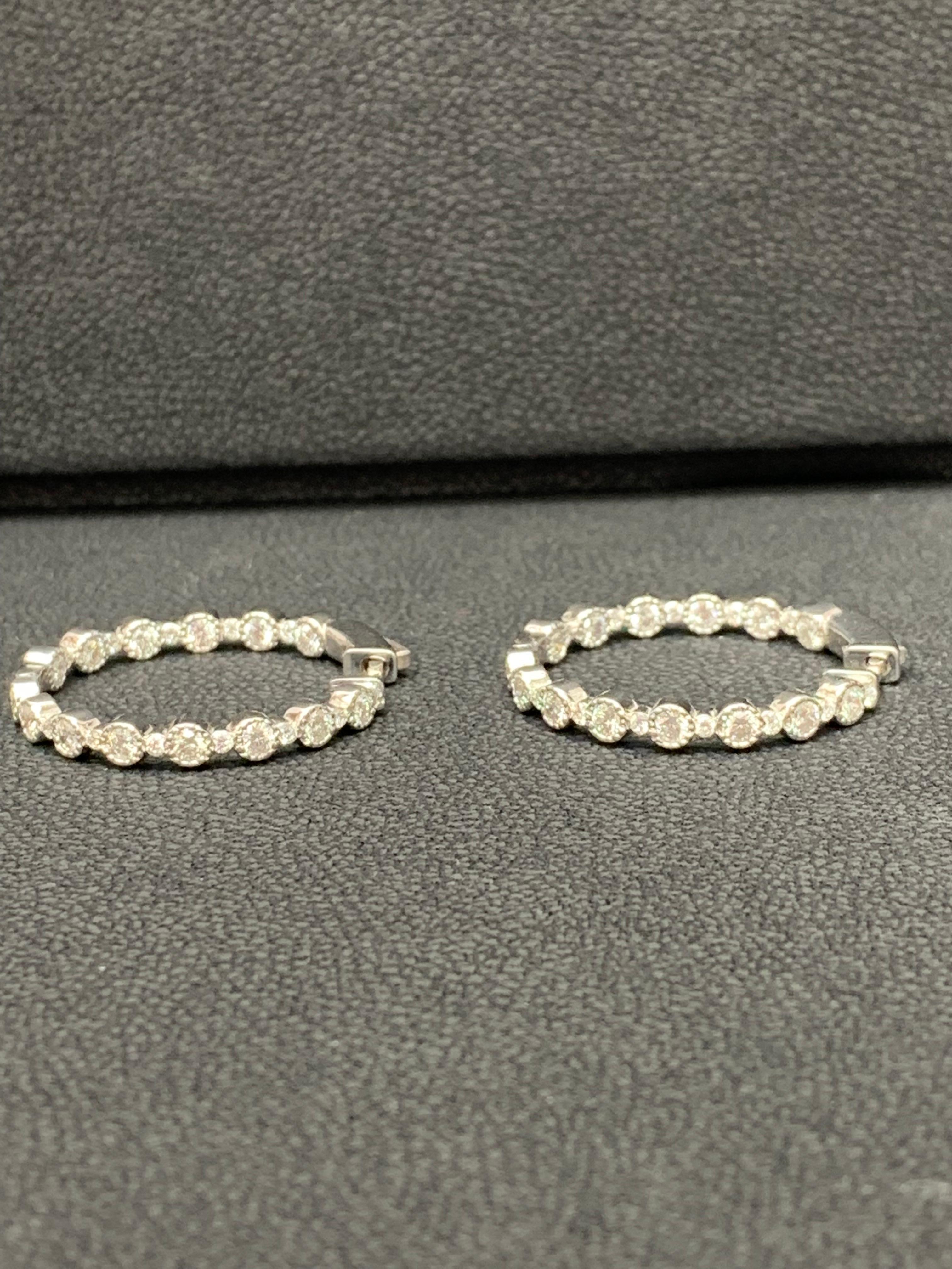 2.00 Carat Total Round Diamond Hoop Earrings in 14K White Gold For Sale 4