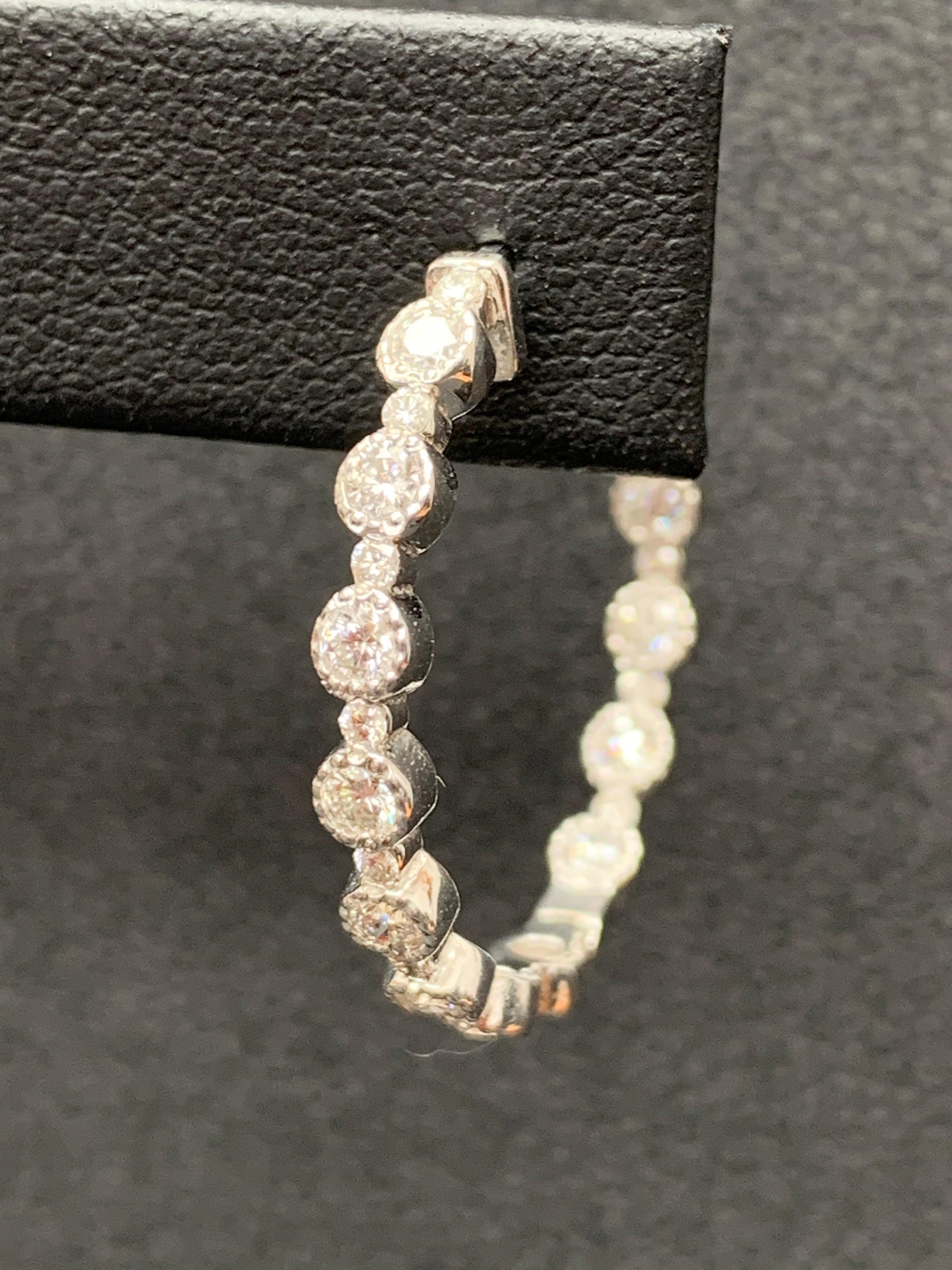 Modern 2.00 Carat Total Round Diamond Hoop Earrings in 14K White Gold For Sale