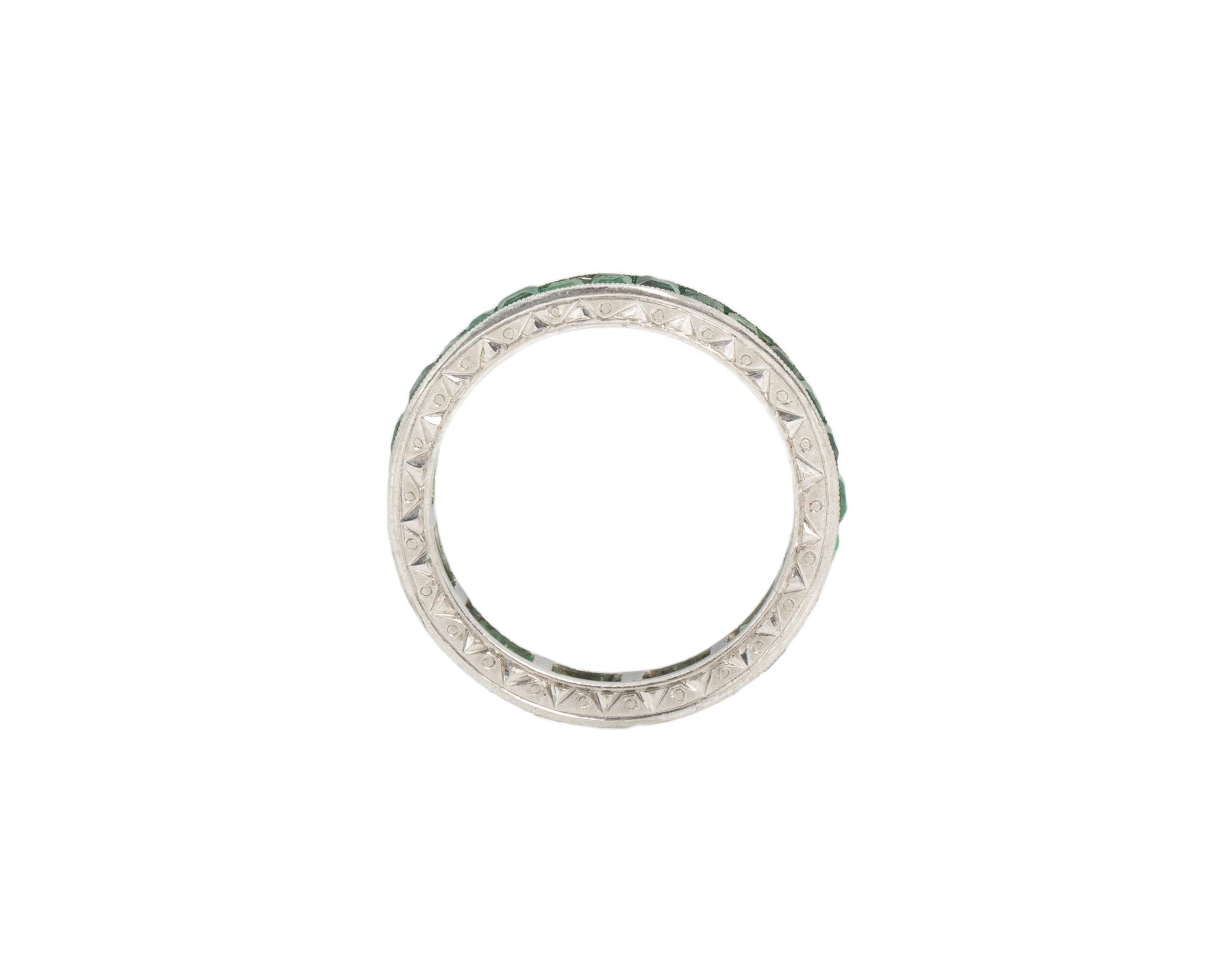 Ring Size: 4.25
Metal Type: Platinum [Hallmarked, and Tested]
Weight: 2.3 grams

Emerald Details:
Weight: 2.00ct, total
Cut: Square Step Cut
Color: Green

Finger to Top of Stone Measurement: 2.0mm
Shank/Band Width: 2.9mm
Condition: Excellent
