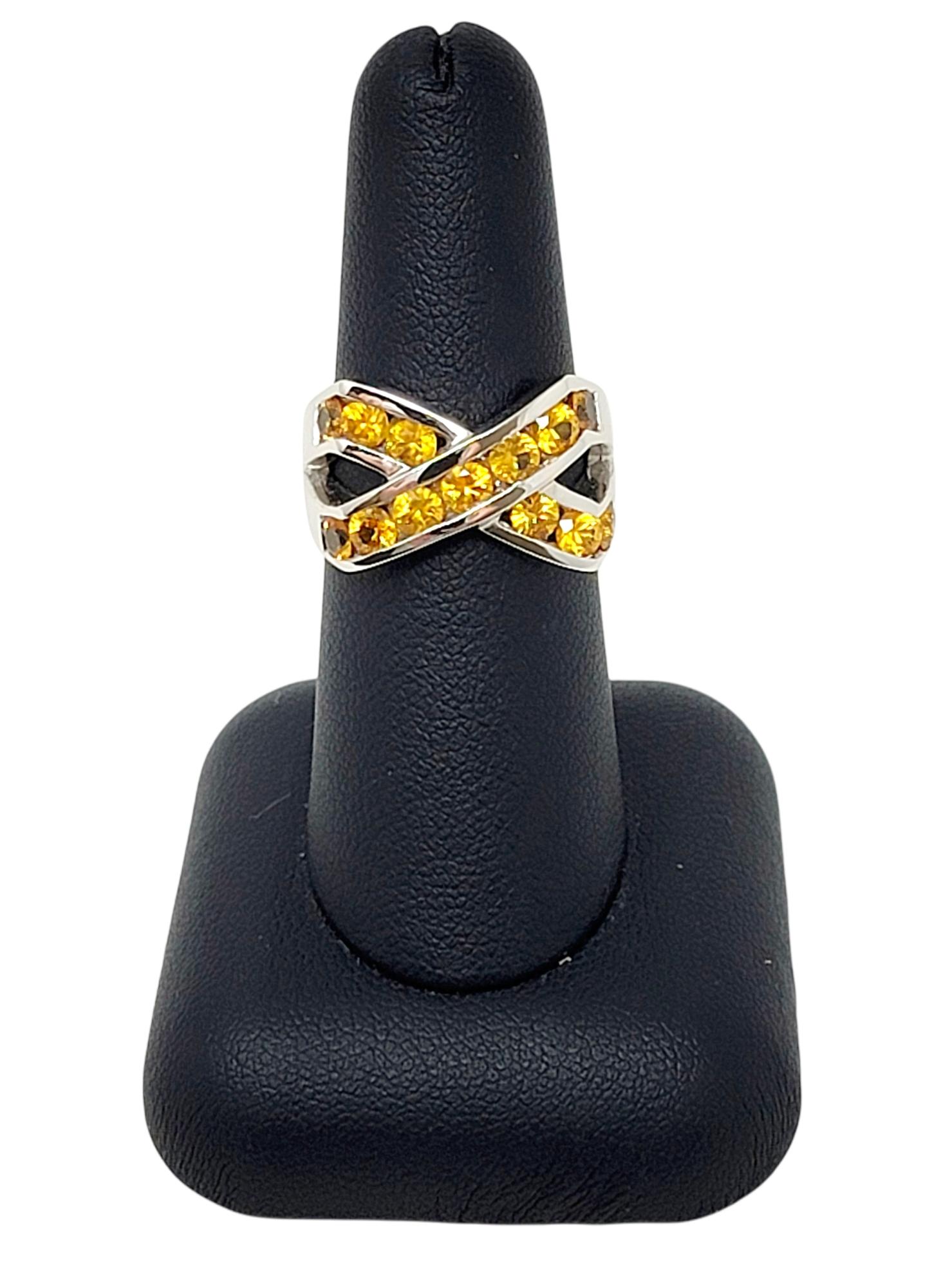 Round Cut 2.00 Carat Total Yellow Sapphire Channel Set Crossover X Band Ring 14 Karat Gold For Sale