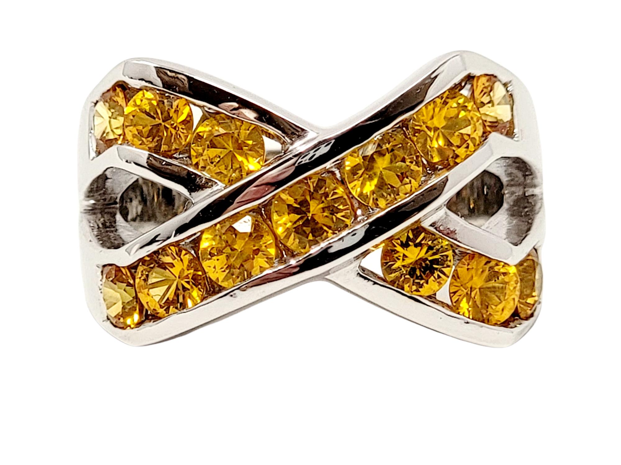2.00 Carat Total Yellow Sapphire Channel Set Crossover X Band Ring 14 Karat Gold For Sale 2