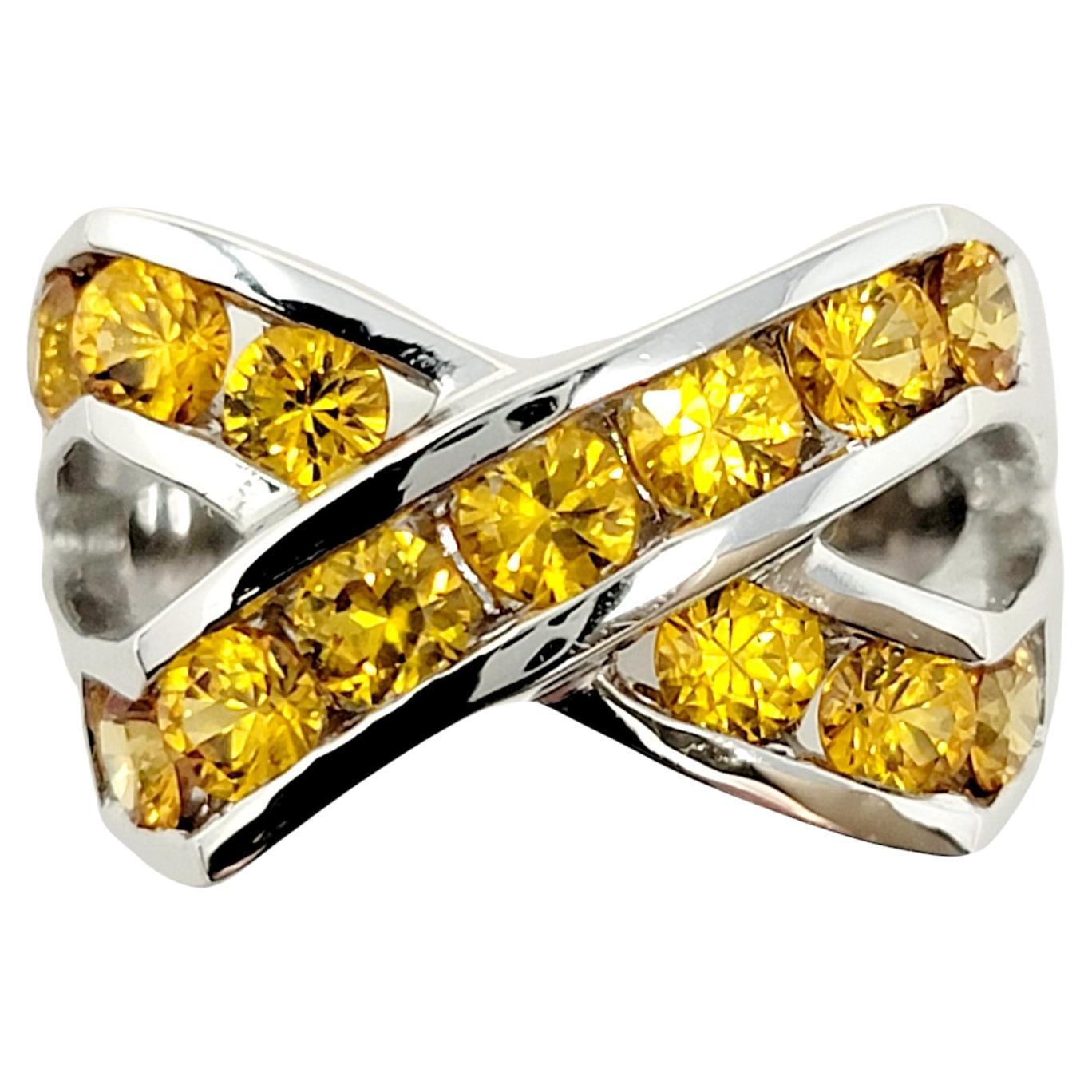 2.00 Carat Total Yellow Sapphire Channel Set Crossover X Band Ring 14 Karat Gold For Sale