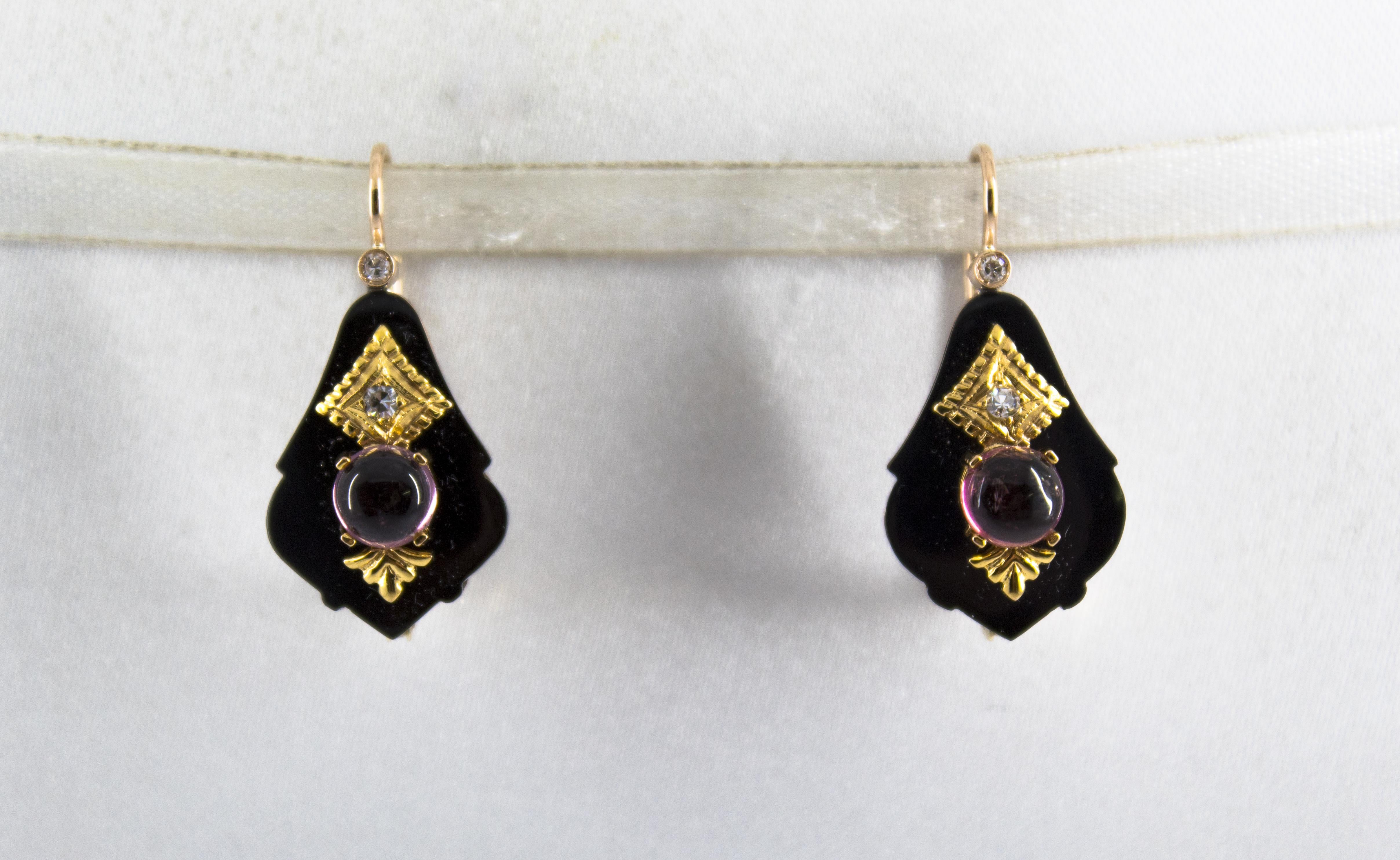 These Earrings are made of 14K Yellow Gold.
These Earrings have 0.14 Carats of White Diamonds.
These Earrings have 2.00 Carats of Tourmaline.
These Earrings have also Onyx.
All our Earrings have pins for pierced ears but we can change the closure
