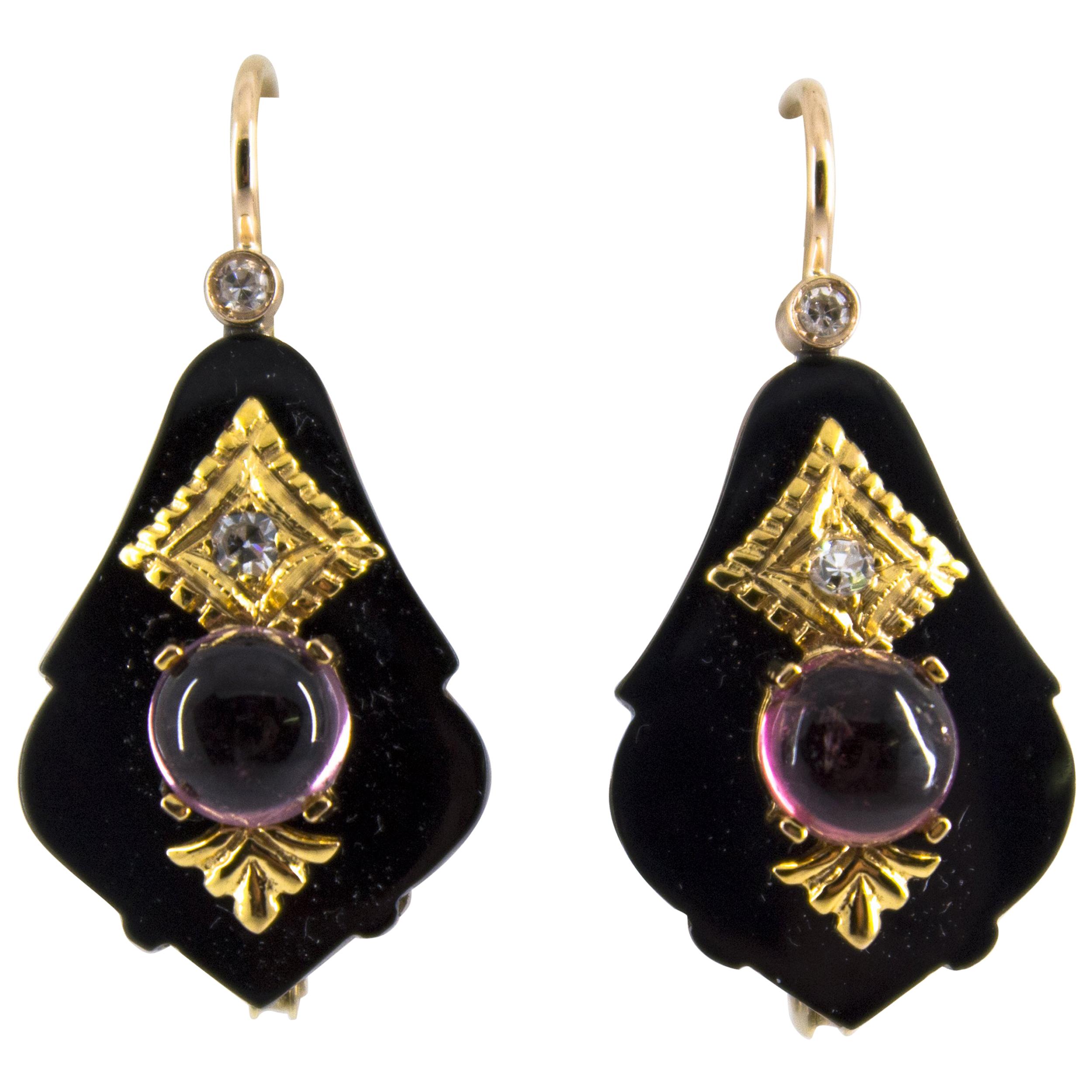 2.00 Carat Tourmaline White Diamond Onyx Yellow Gold Lever-Back Earrings For Sale