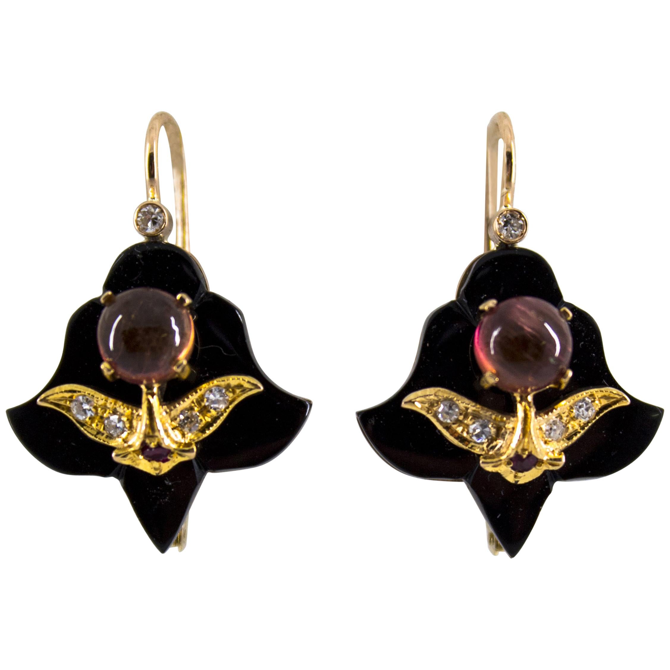2.00 Carat Tourmaline White Diamond Ruby Onyx Yellow Gold Lever-Back Earrings For Sale