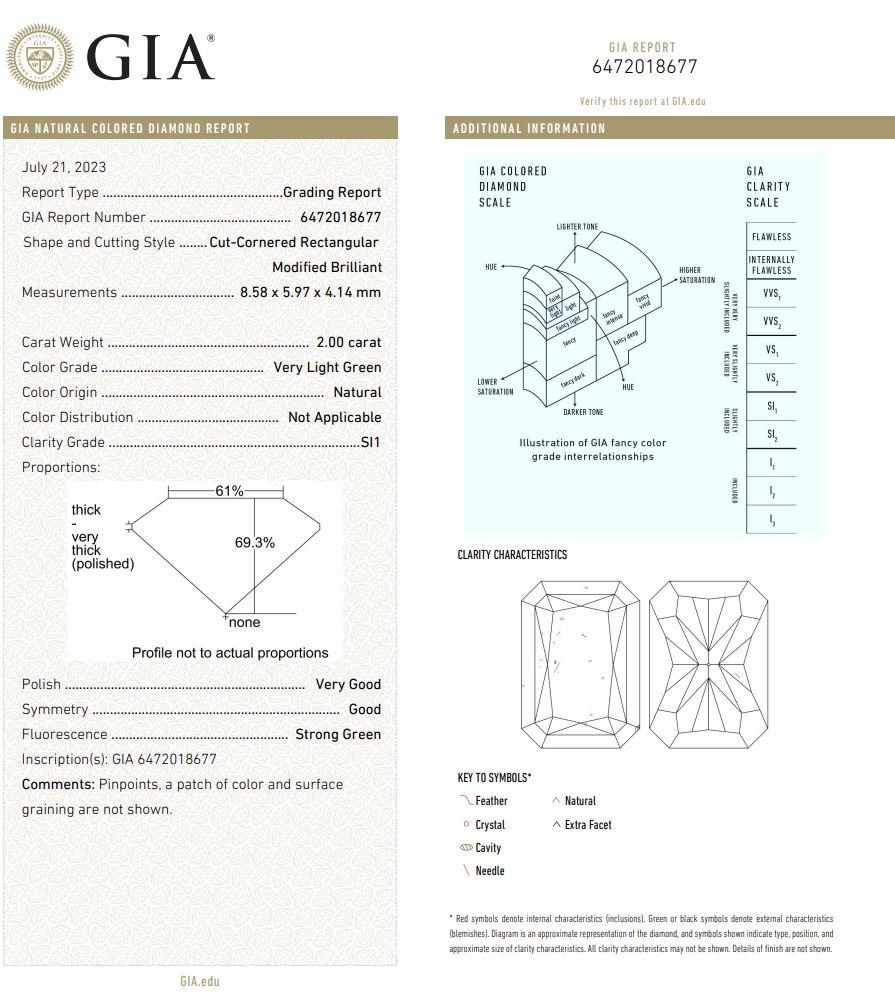 2.00 Carat Very Light Green Radiant Cut Diamond SI1 Clarity GIA Certified For Sale 3