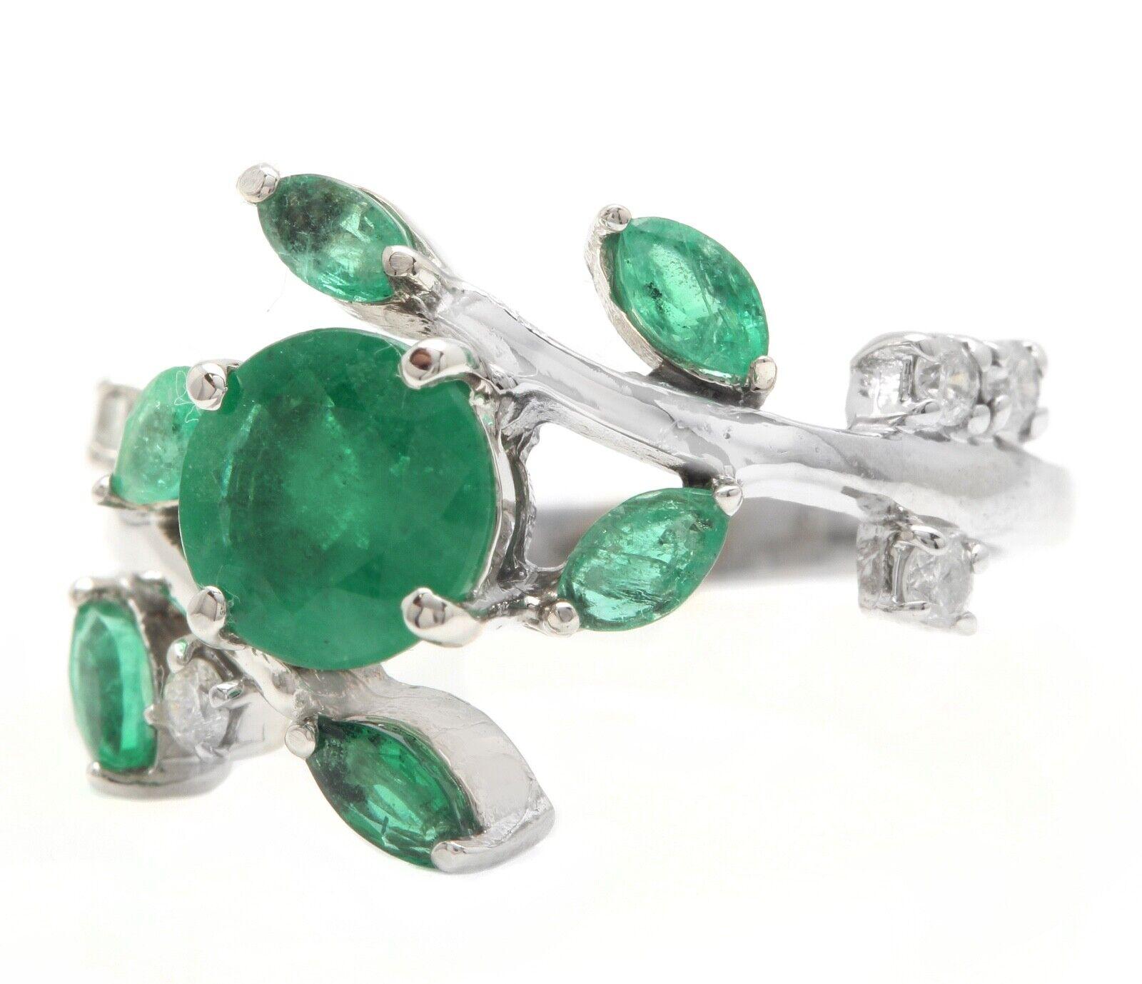 Mixed Cut 2.00 Carats Impressive Natural Emerald and Diamond 14K White Gold Ring For Sale