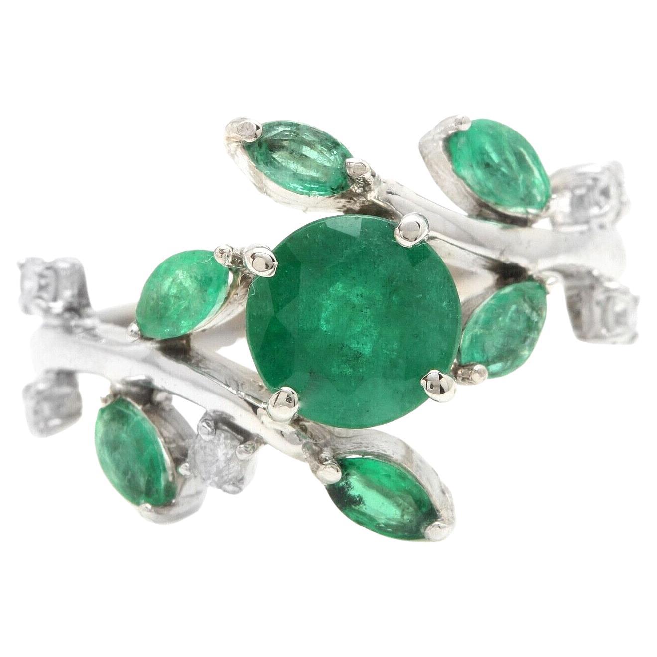 2.00 Carats Impressive Natural Emerald and Diamond 14K White Gold Ring For Sale