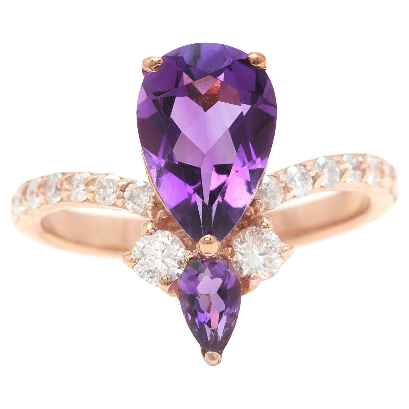 2.00 Carats Natural Impressive Amethyst and Diamond 14K Rose Gold Ring For Sale