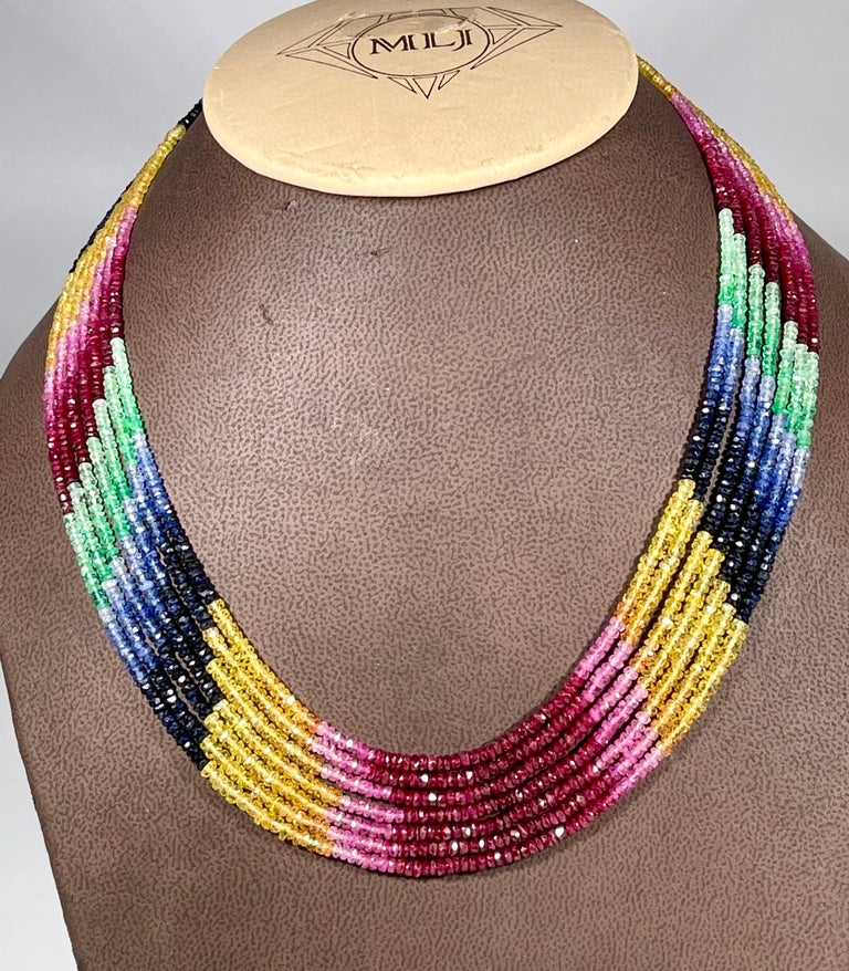 200 Ct 7 Layer Natural Emerald Ruby and Sapphire Bead Necklace 14k Gold ...
