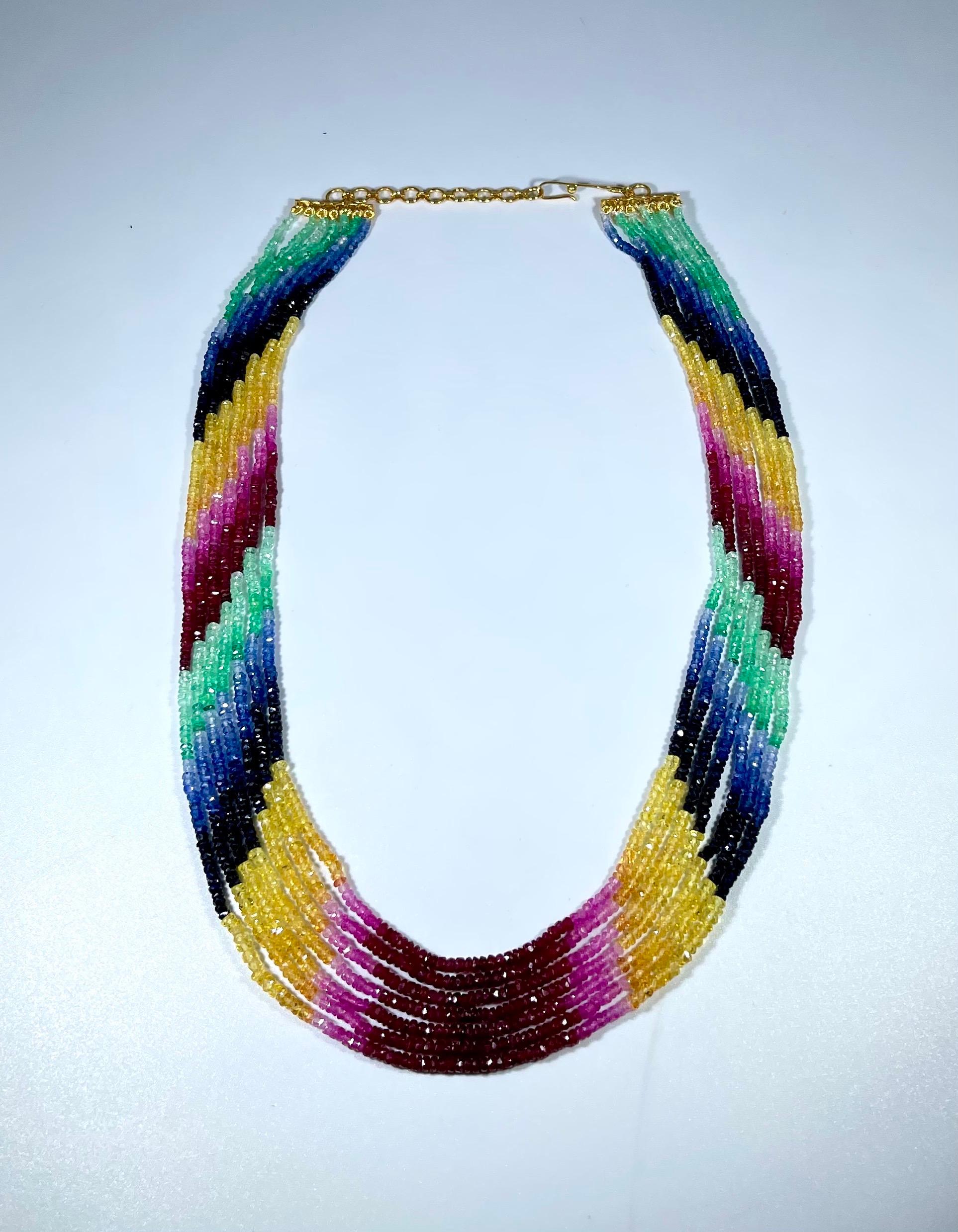 Women's 200 Ct 7 Layer Natural Emerald Ruby & Sapphire Bead Necklace 14k Gold Adjustable For Sale