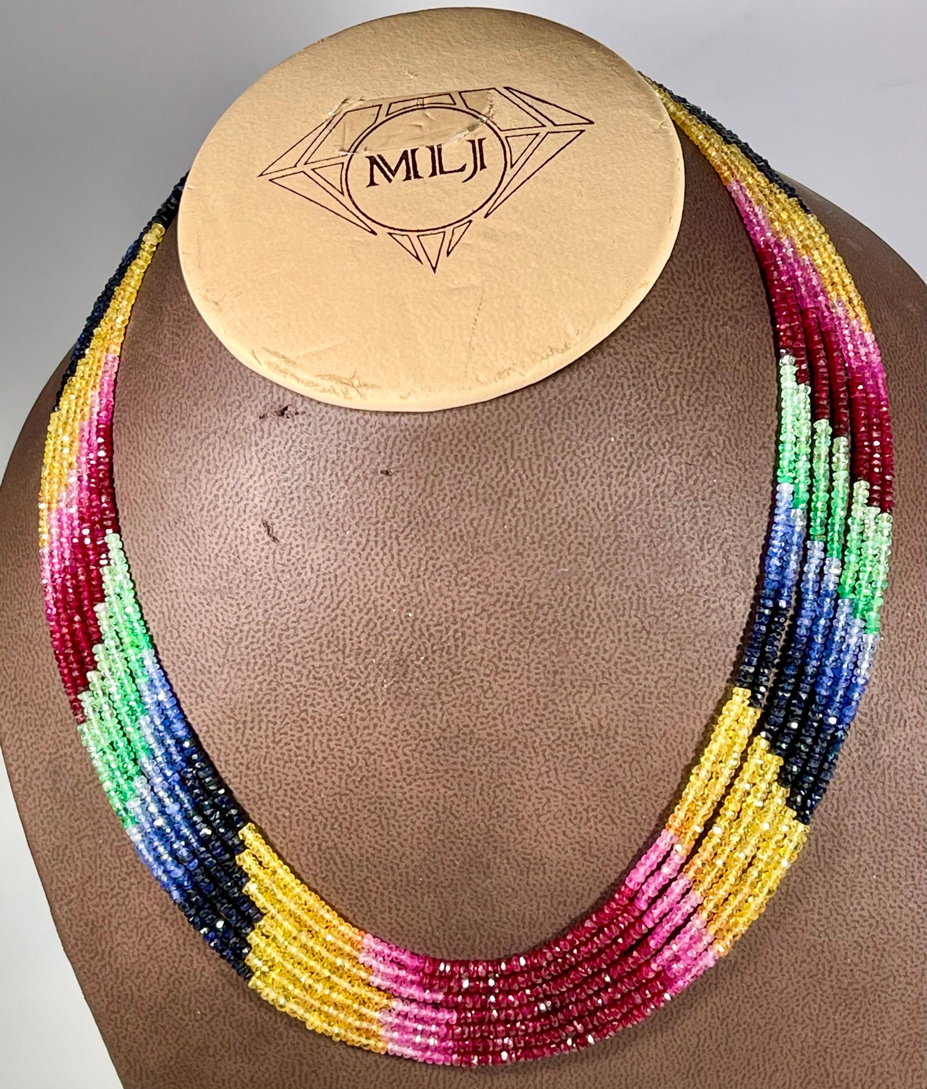 200 Ct 7 Layer Natural Emerald Ruby & Sapphire Bead Necklace 14k Gold Adjustable For Sale 1