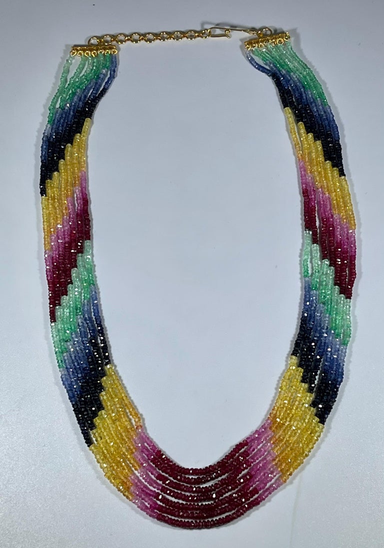 200 Ct 7 Layer Natural Emerald Ruby and Sapphire Bead Necklace 14k Gold ...