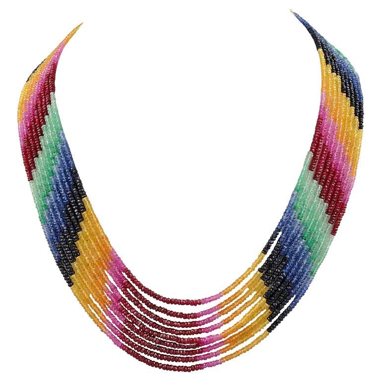 200 Ct 7 Layer Natural Emerald Ruby & Sapphire Bead Necklace 14k Gold Adjustable (Collier de perles d'émeraude naturelle, de rubis et de saphir)
