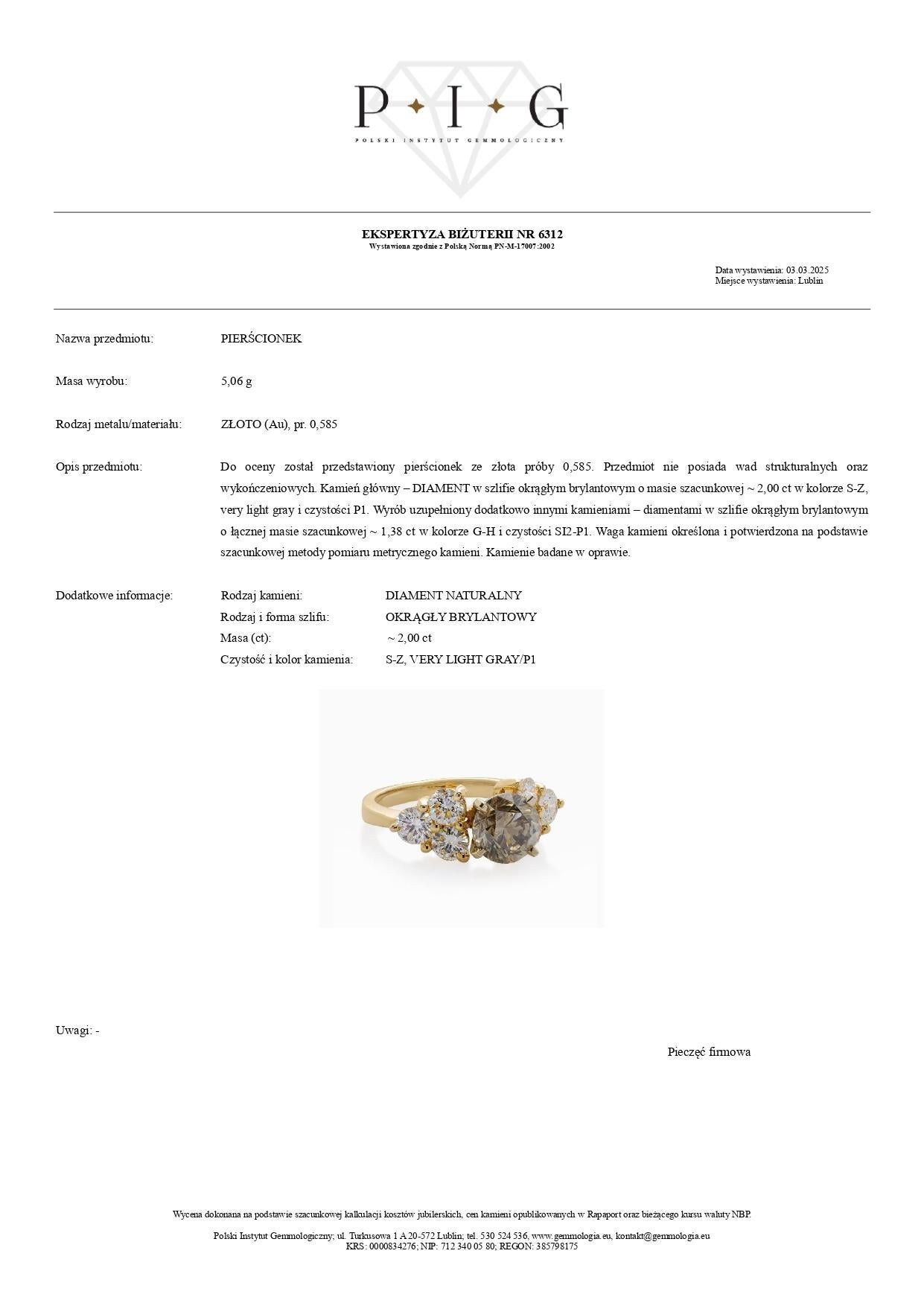 2,00 Karat hellgrauer Diamant und 1,38 Karat Brillant-Diamant-Ring in 14K Gelbgold (Brillantschliff) im Angebot