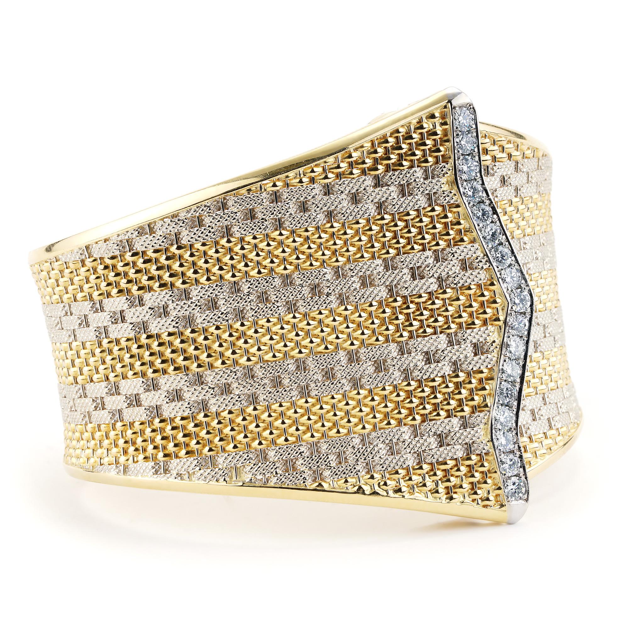 Art Nouveau 2.00 CTTW Diamond Hinged Cuff Bracelet With Tapered Width in Two-Tone 18K Gold  For Sale