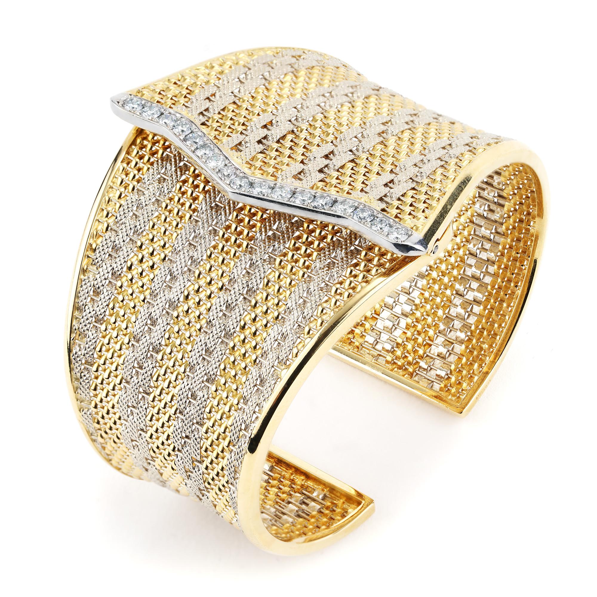 Round Cut 2.00 CTTW Diamond Hinged Cuff Bracelet With Tapered Width in Two-Tone 18K Gold  For Sale