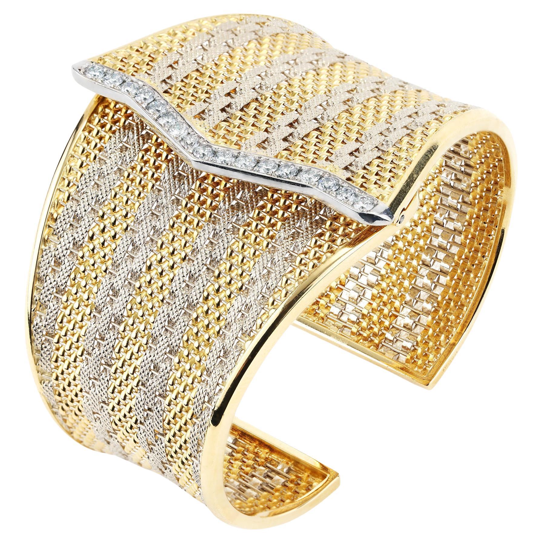 2.00 CTTW Diamond Hinged Cuff Bracelet With Tapered Width in Two-Tone 18K Gold  For Sale