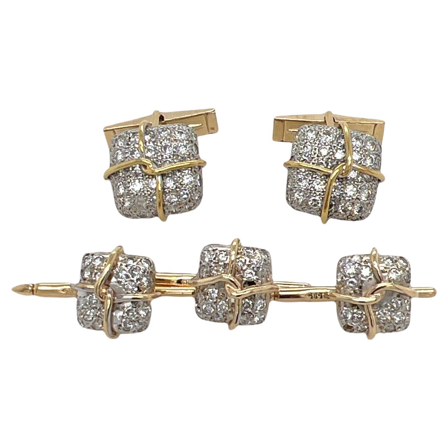 2.00 CTW Diamond Square Men's Cufflink Stud Set 14 Karat Two Tone Gold Gents