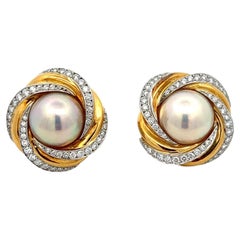 2.00 CTW Round Brilliant Diamond Mabe Pearl 18 Karat Yellow Gold Round Earrings