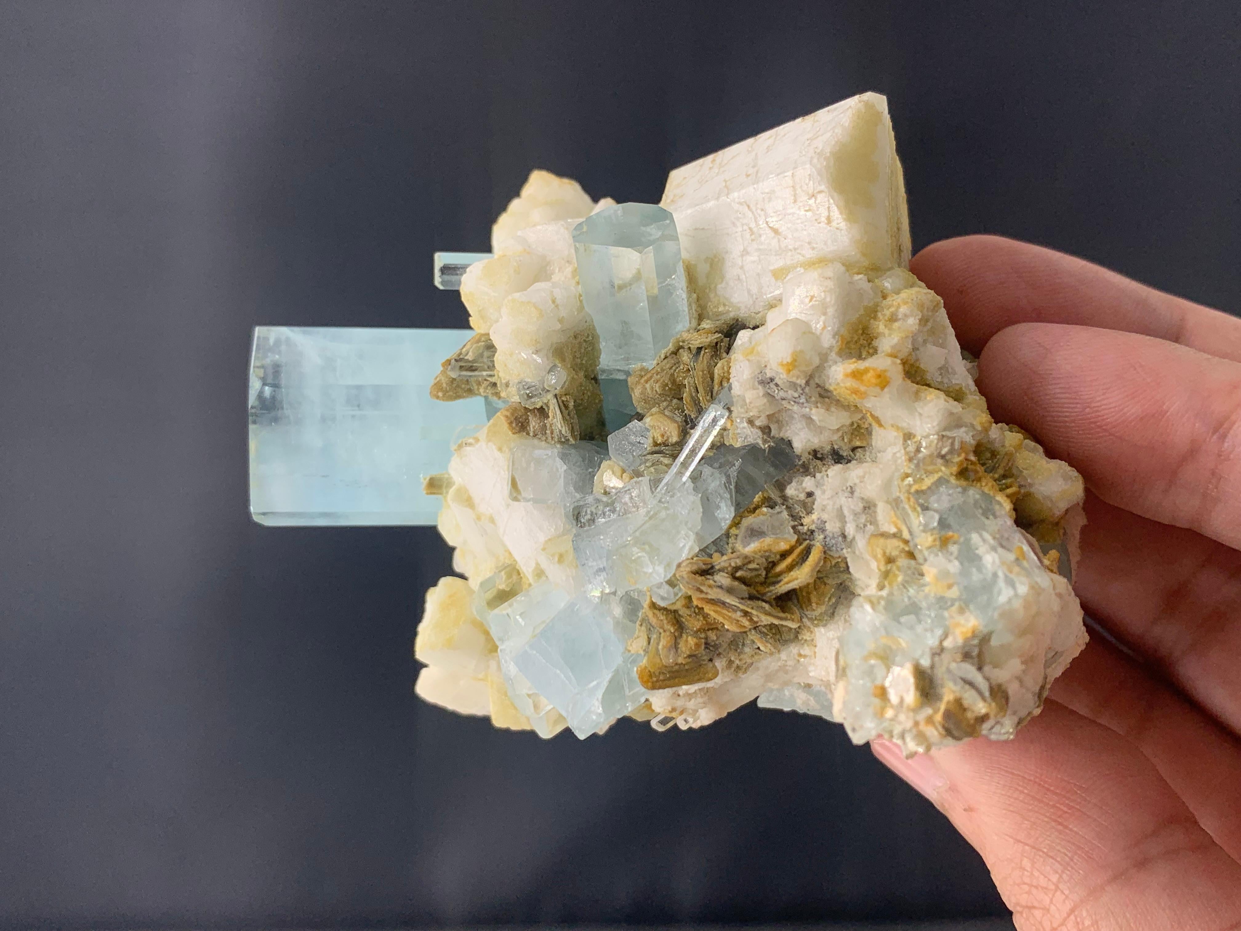 200 Gram Aquamarine Crystals Attached With Muscovite and Feldspar From Pakistan  For Sale 4