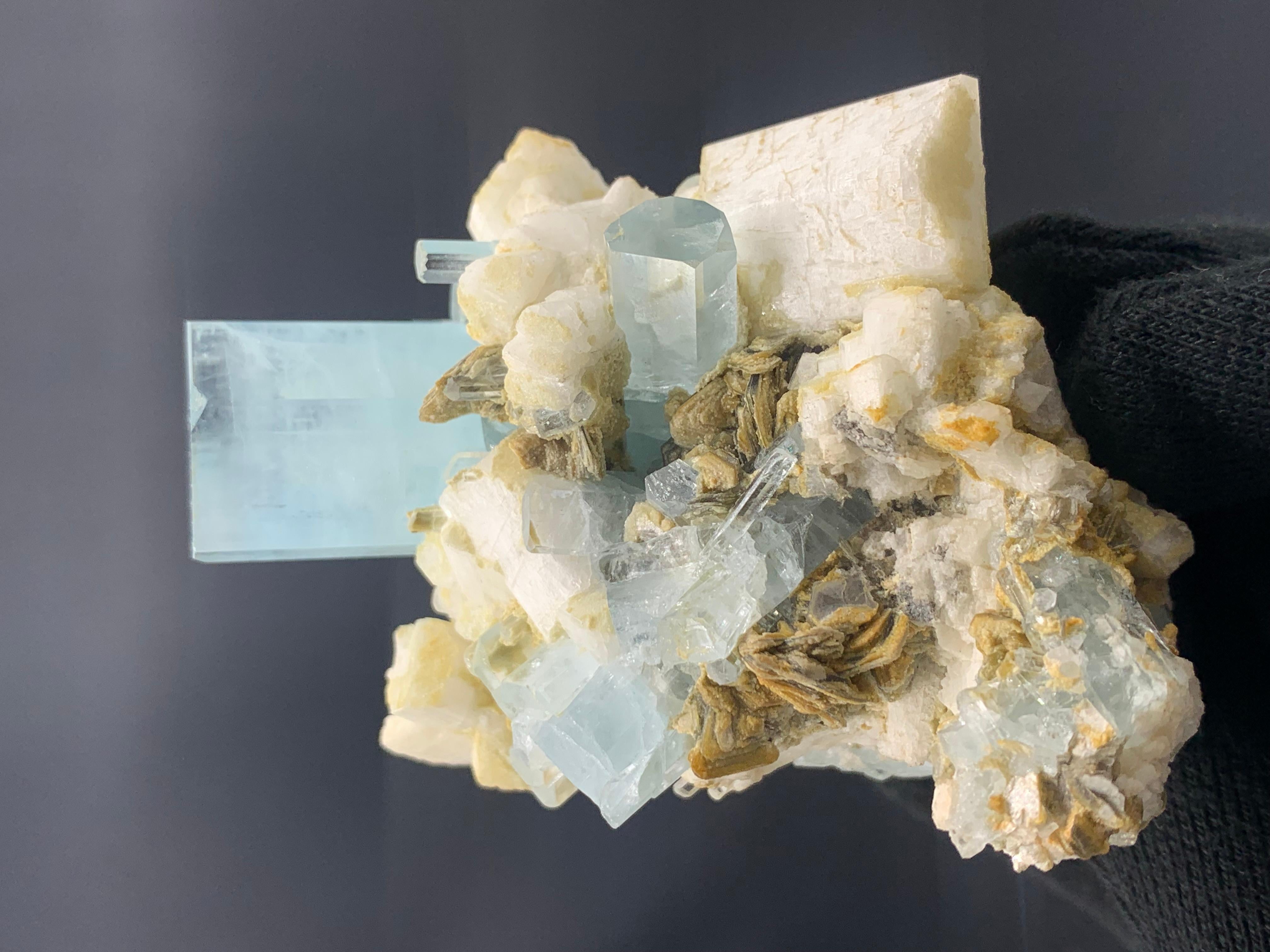 Adam Style 200 Gram Aquamarine Crystals Attached With Muscovite and Feldspar From Pakistan  For Sale
