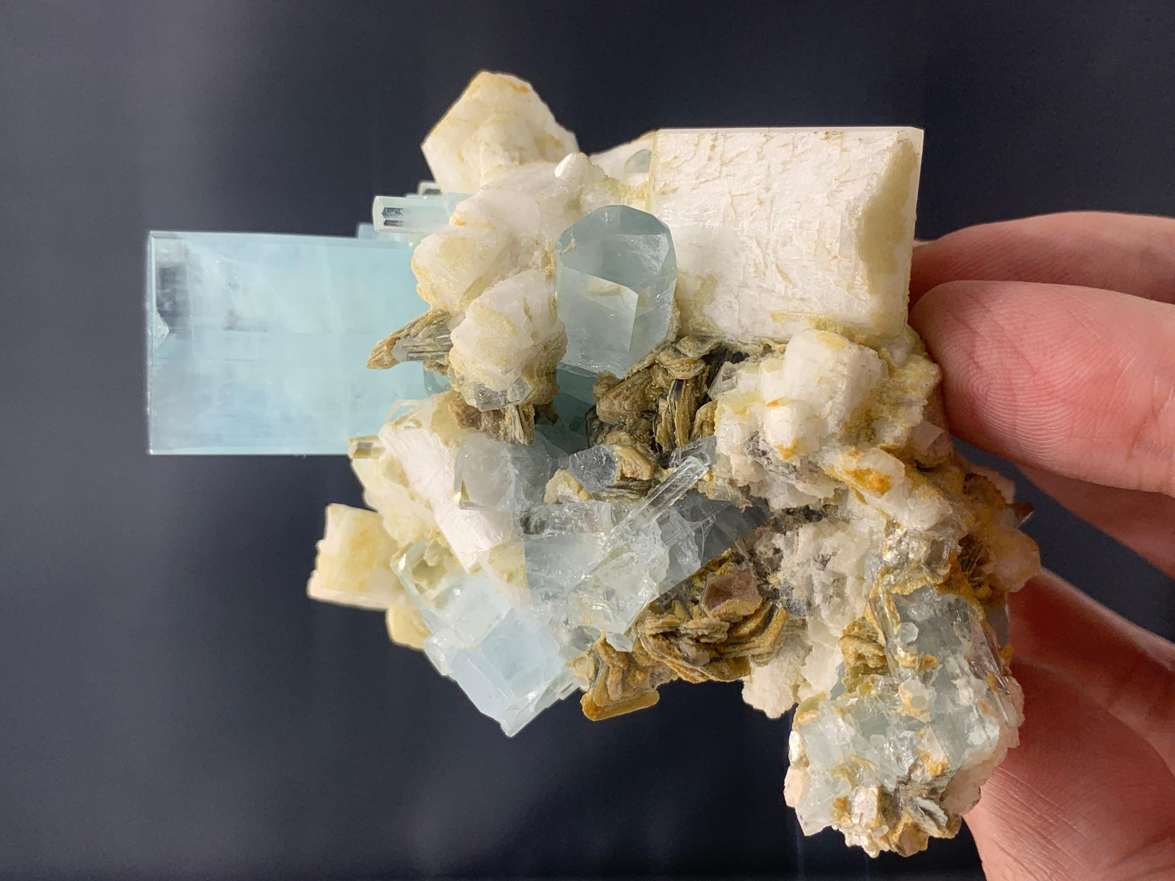 18th Century and Earlier 200 Gram Aquamarine Crystals Attached With Muscovite and Feldspar From Pakistan  For Sale
