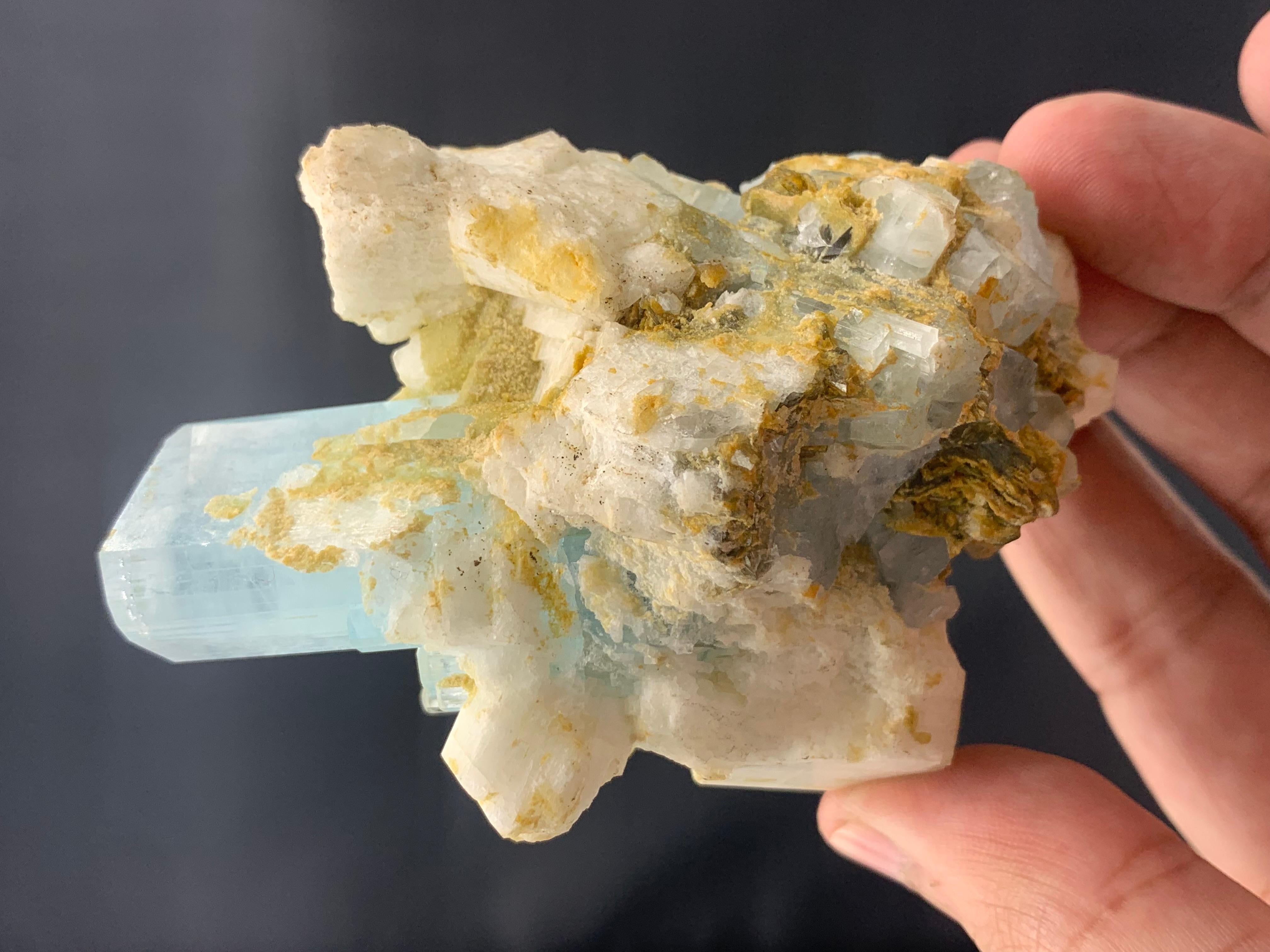 200 Gram Aquamarine Crystals Attached With Muscovite and Feldspar From Pakistan  For Sale 1