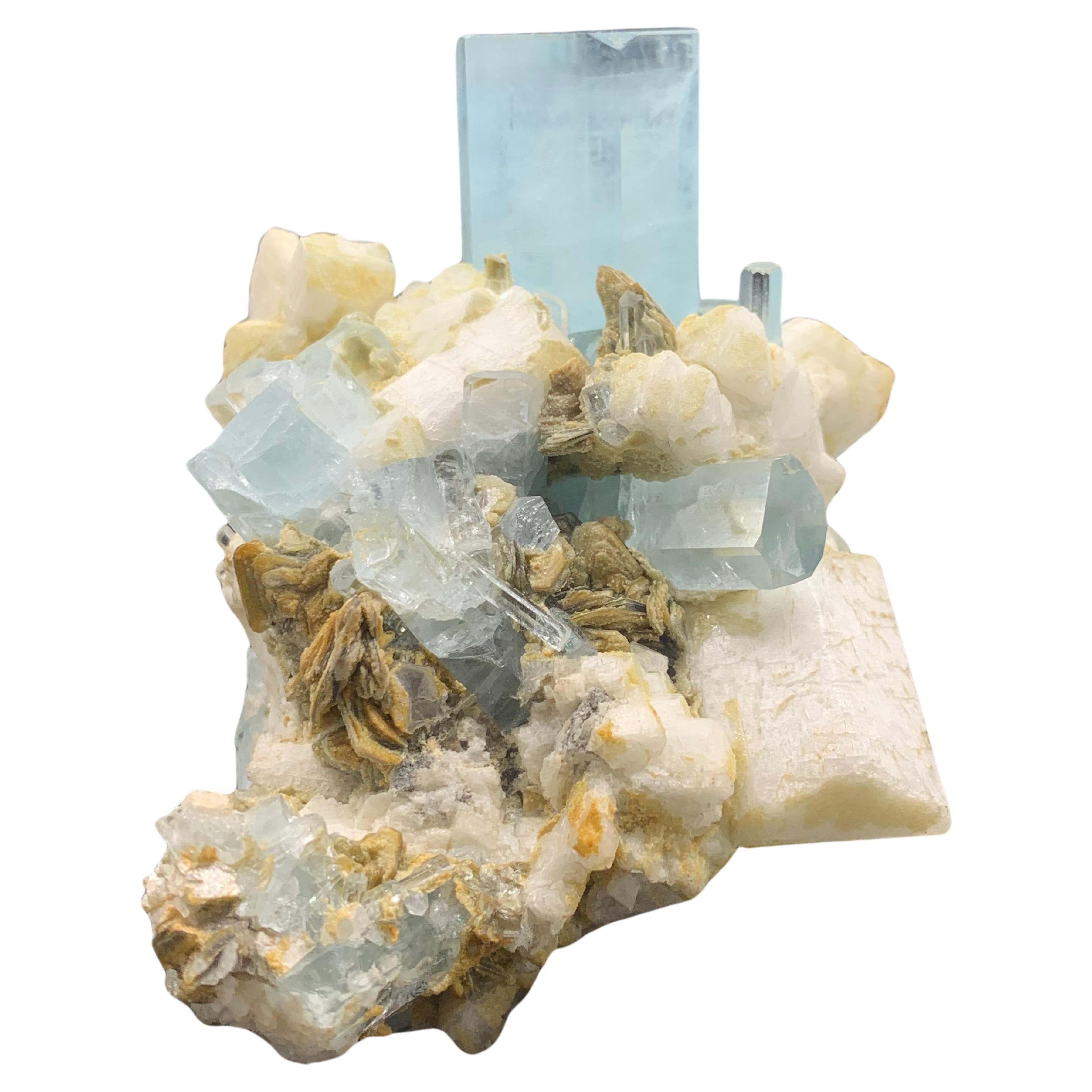 200 Gram Aquamarine Crystals Attached With Muscovite and Feldspar From Pakistan  For Sale