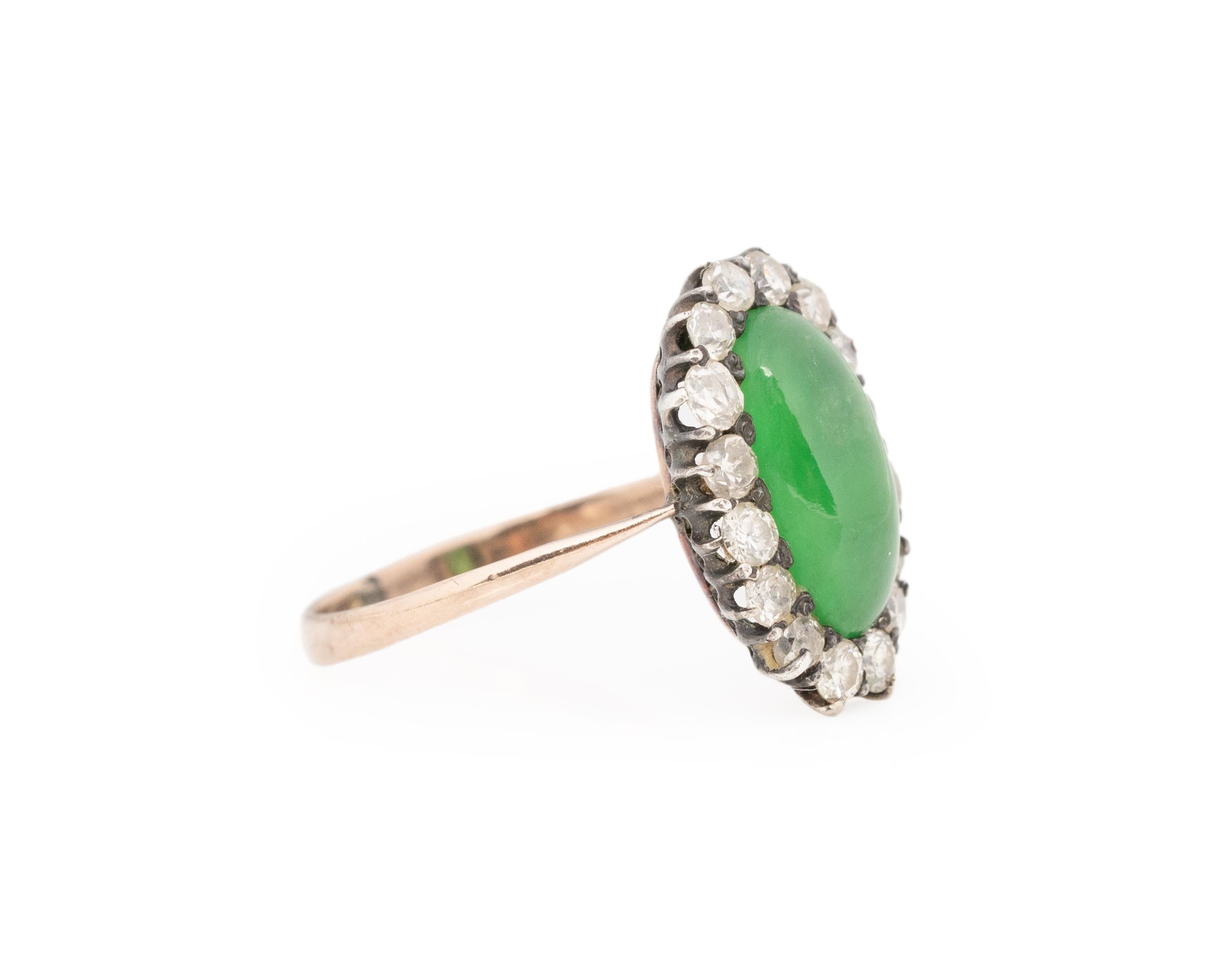 Ring Size: 5.5
Metal Type: 14K Rose Gold [Hallmarked, and Tested]
Weight: 1.8grams
Center Jade Details:
Type: Untreated
Weight: 2.00ct
Cut: Elongated Oval Cabochon
Color: Green
Measurements: 11.5mm x 5.5mm x 3.6mm
Side Diamond Details:
Weight: