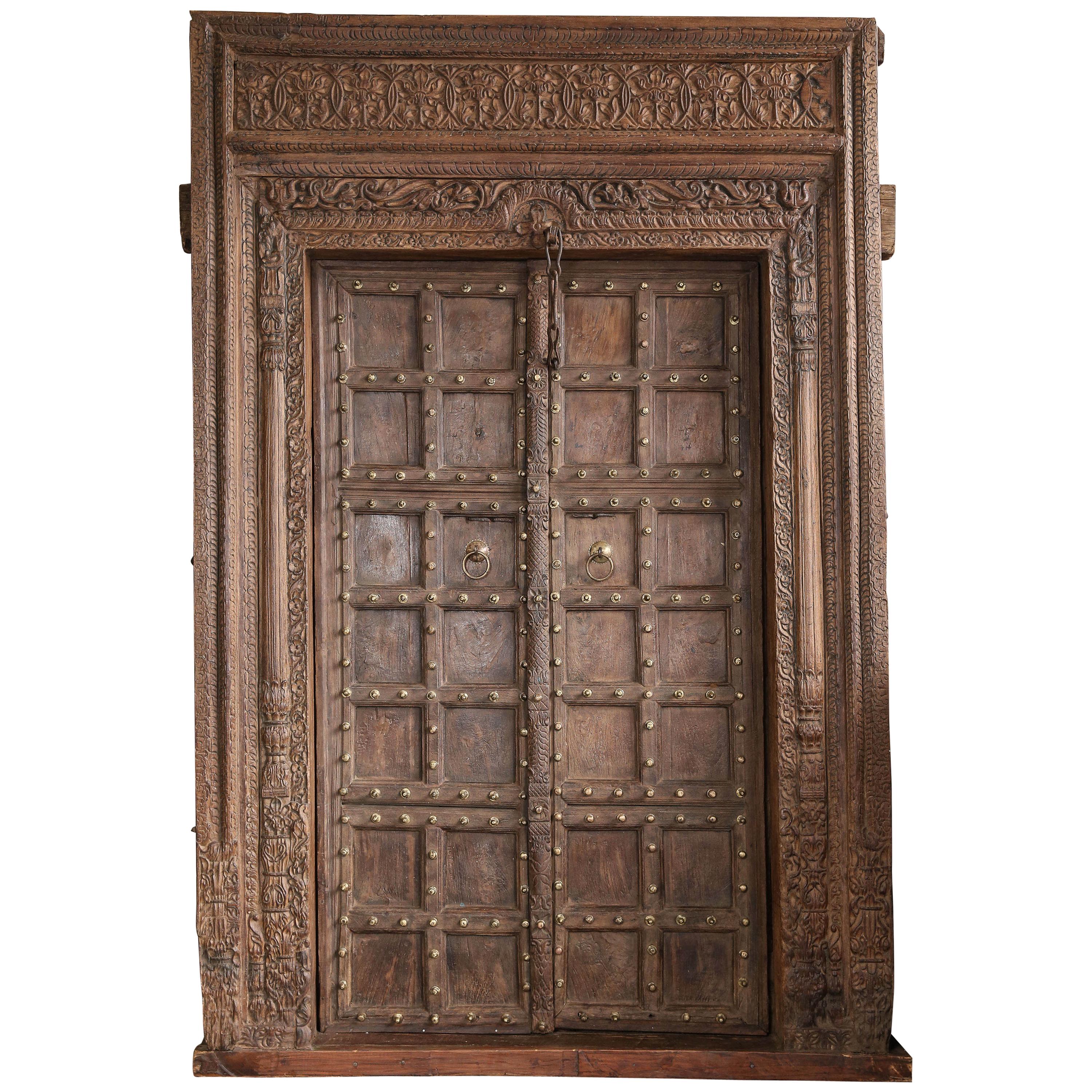 200 Years Old Highly Carved Metal Studded Grand Entry Door from a Mansion