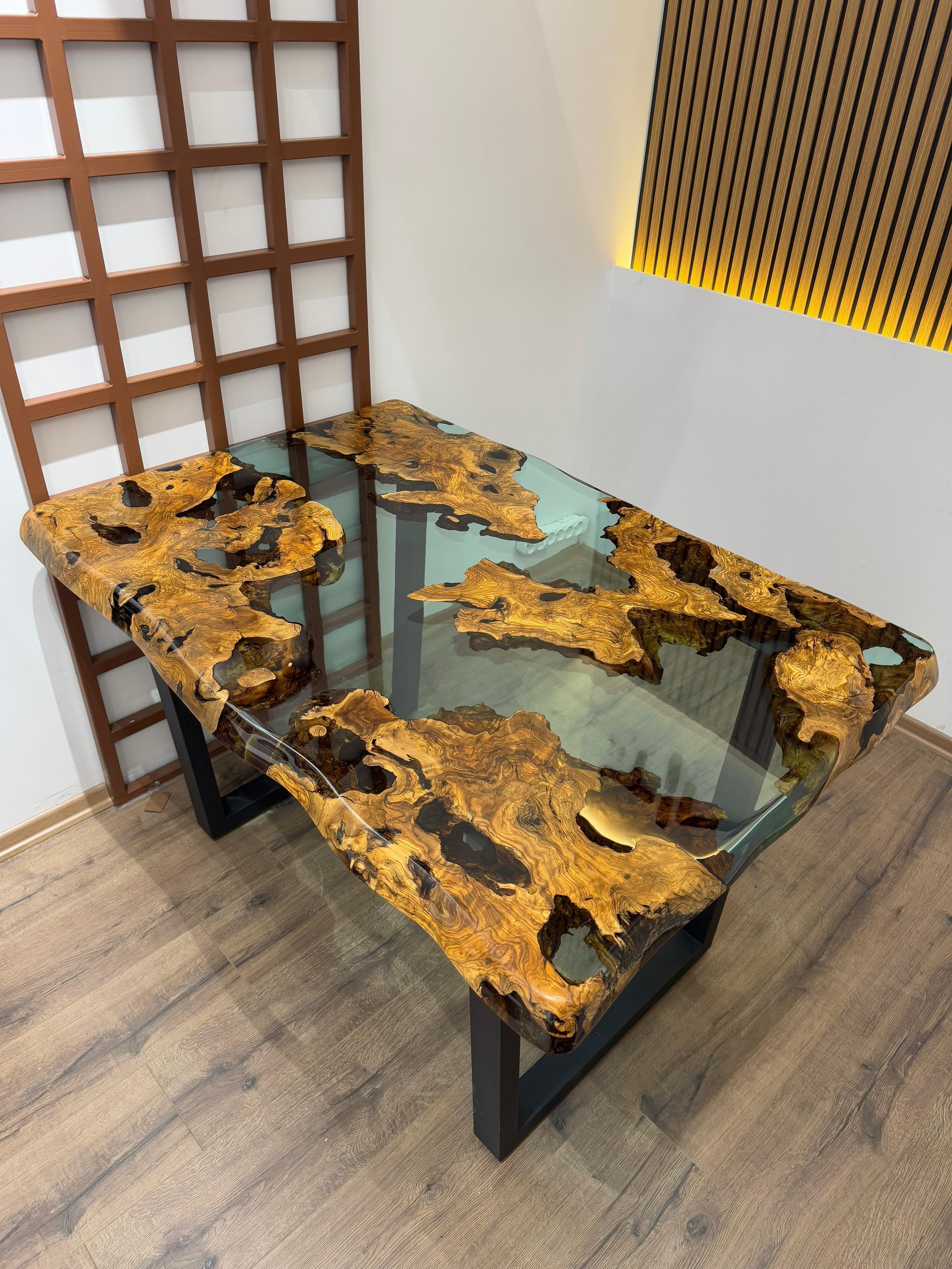 Turkish 200 Years Olive Wood Epoxy Clear Resin Living Room Dining Table For Sale