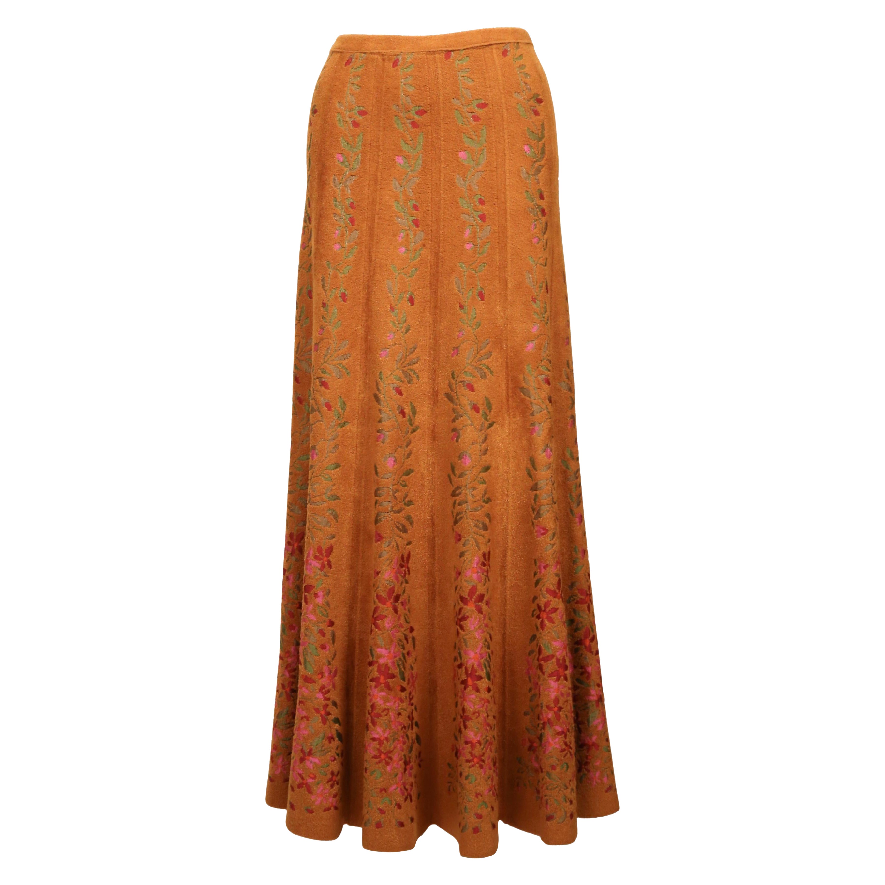 2000 AZZEDINE ALAIA orange floral intarsia knit maxi RUNWAY skirt