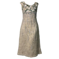 2000 Badgley Mischka Champagne Floral Beaded and Embroidered Sleeveless Dress