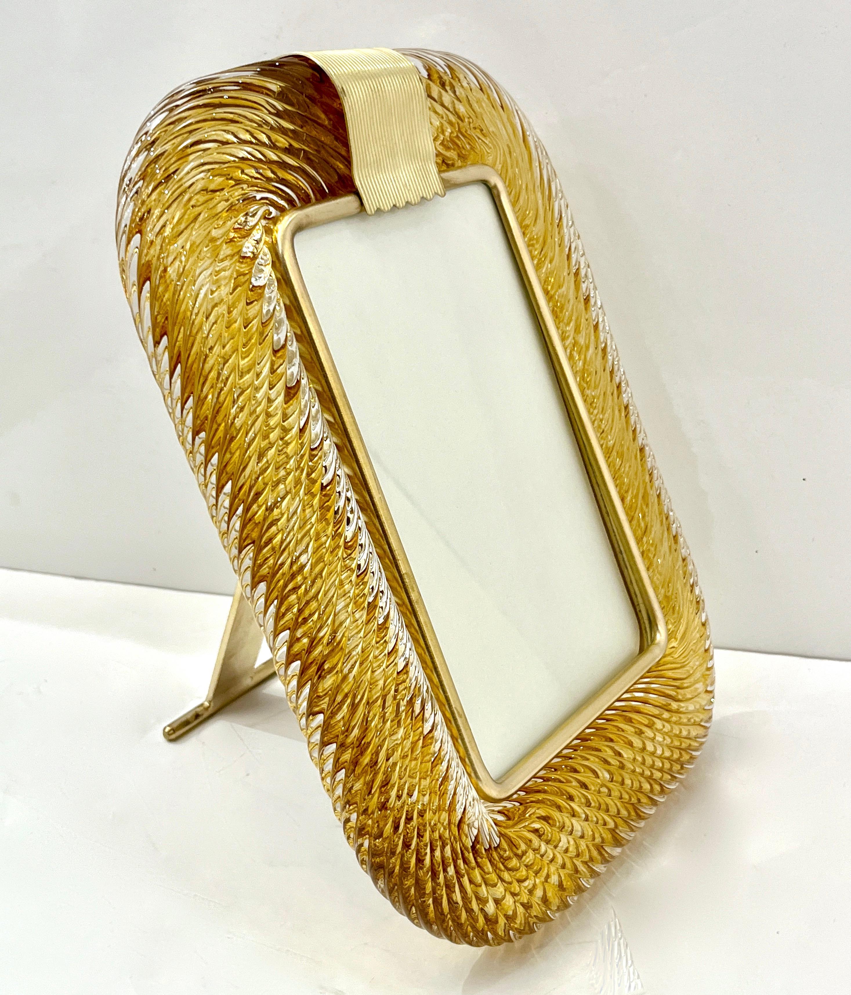 Mid-Century Modern 2000 Barovier Toso Italian Gold Crystal Twisted Murano Glass Brass Picture Frame