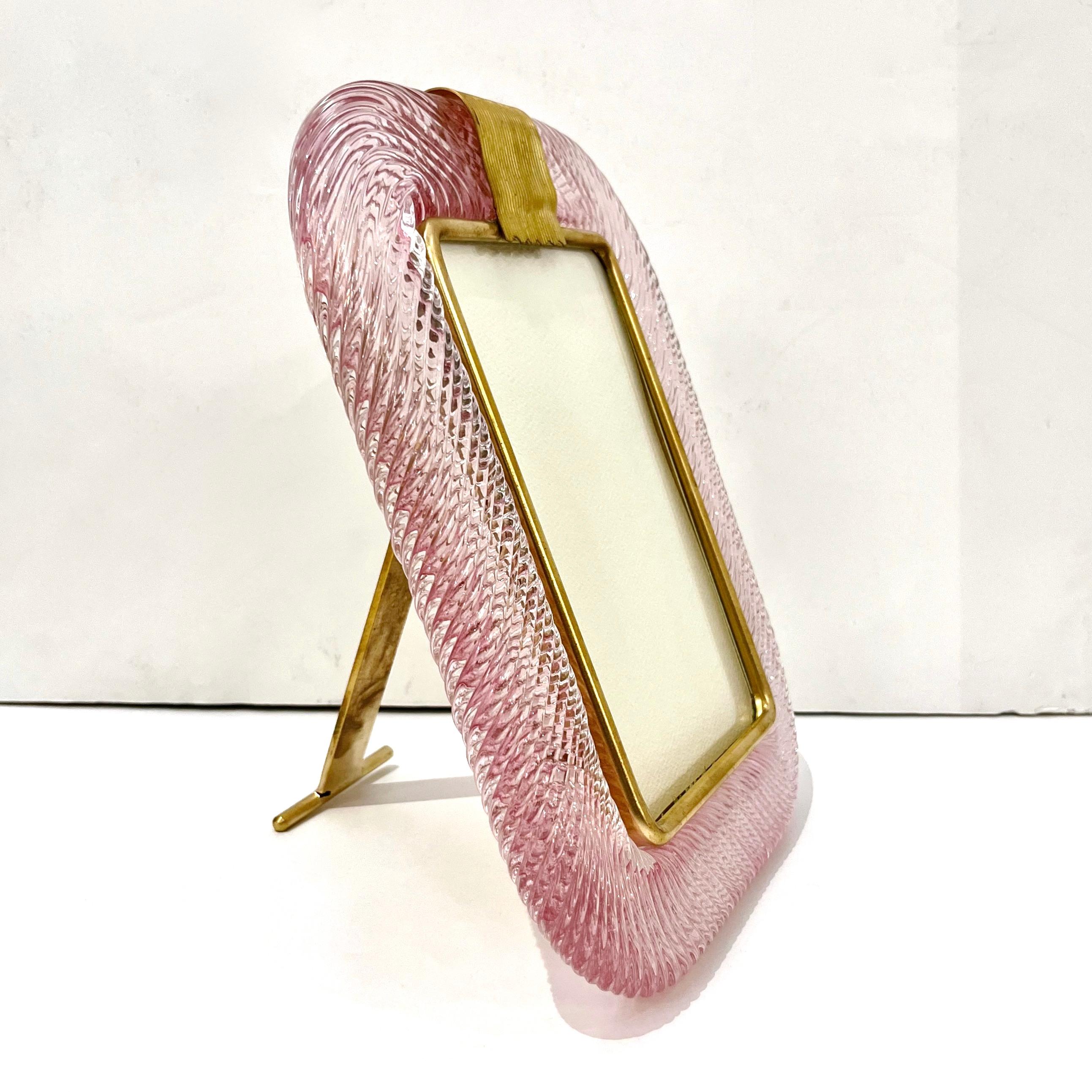 2000 Barovier Toso Italian Pink Crystal Twisted Murano Glass Brass Picture Frame 4