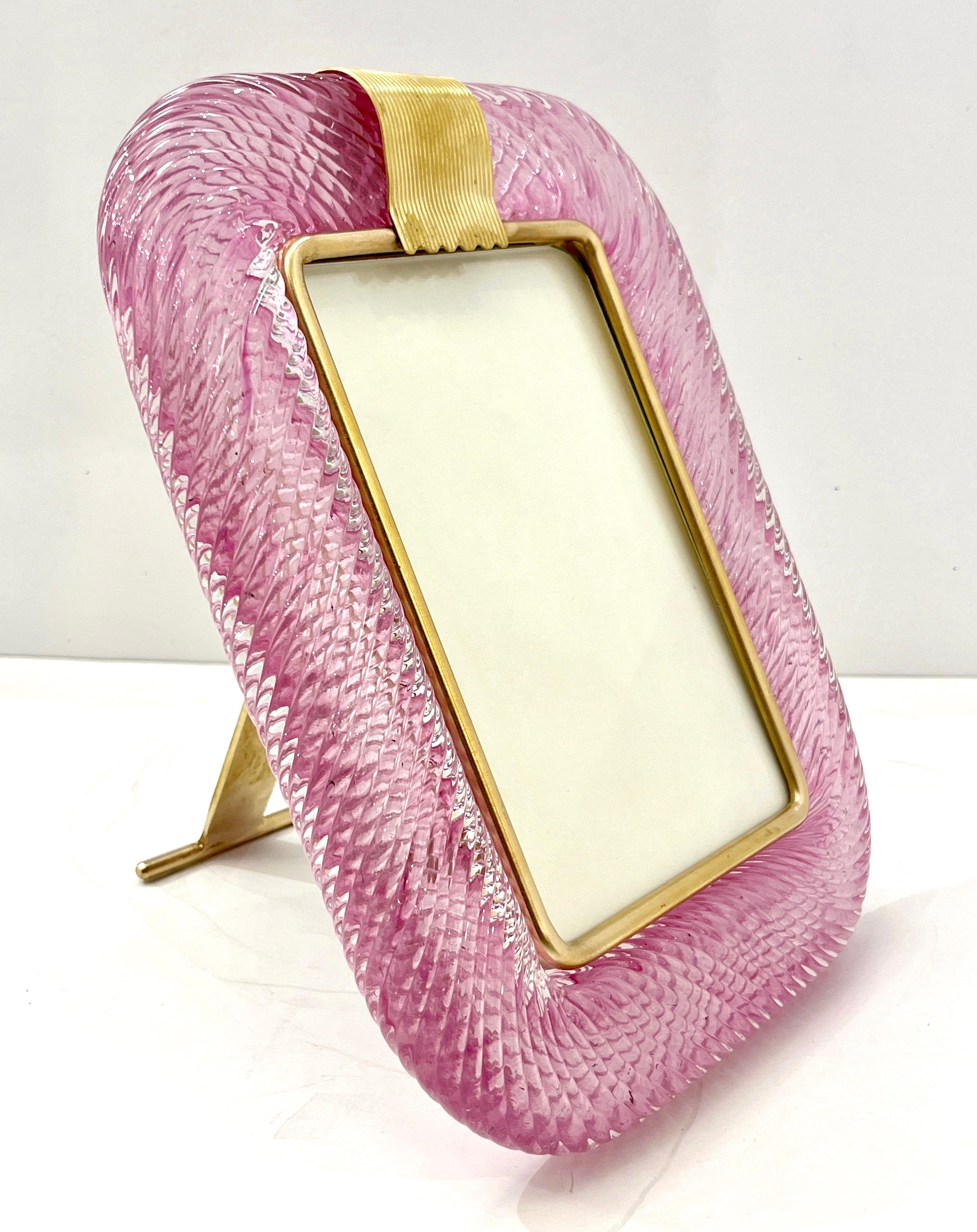 2000 Barovier Toso Italian Pink Crystal Twisted Murano Glass Brass Picture Frame 4